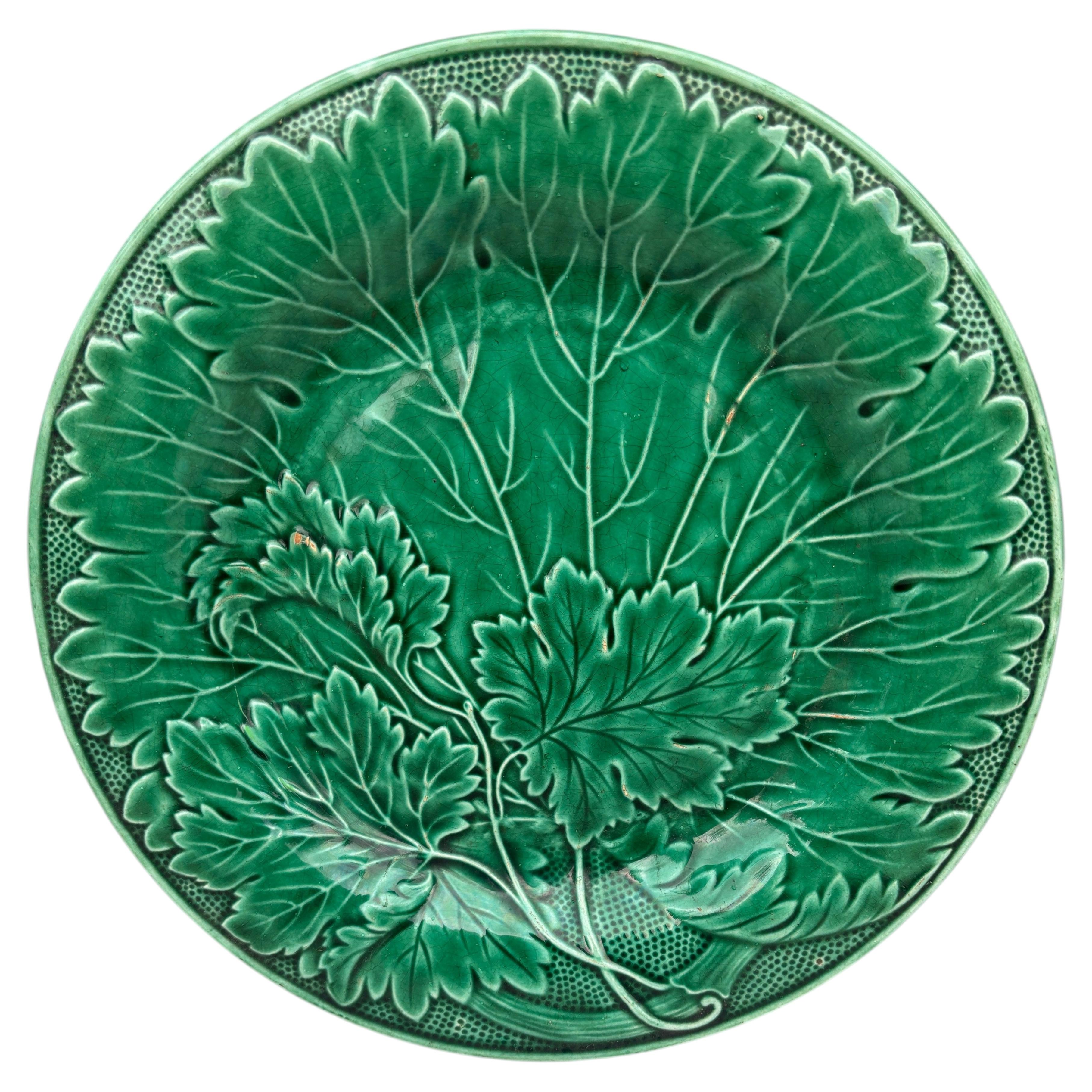 French Green Majolica Leaves Plate Montereau, circa 1890 For Sale