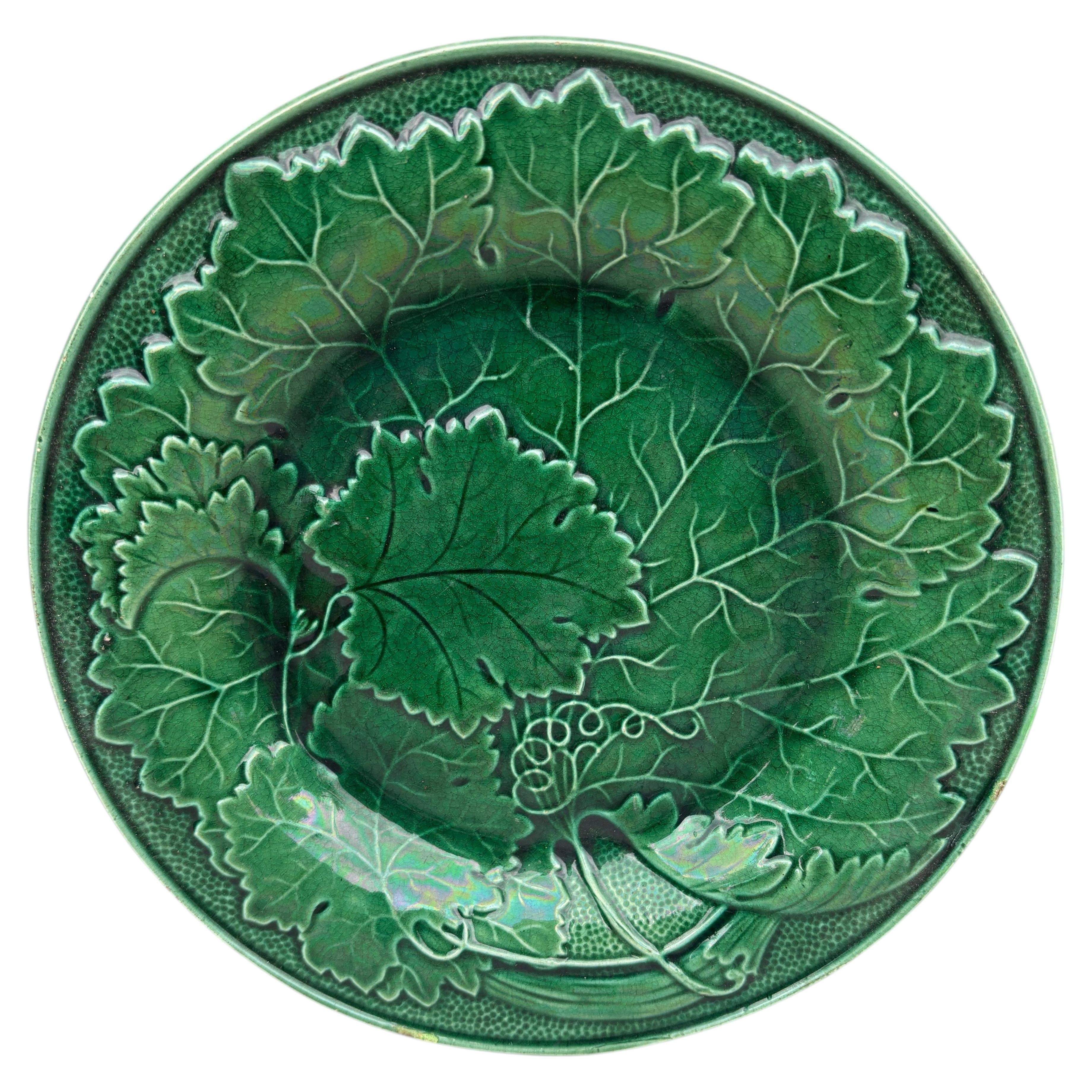 French Green Majolica Leaves Plate Montereau, circa 1890 For Sale