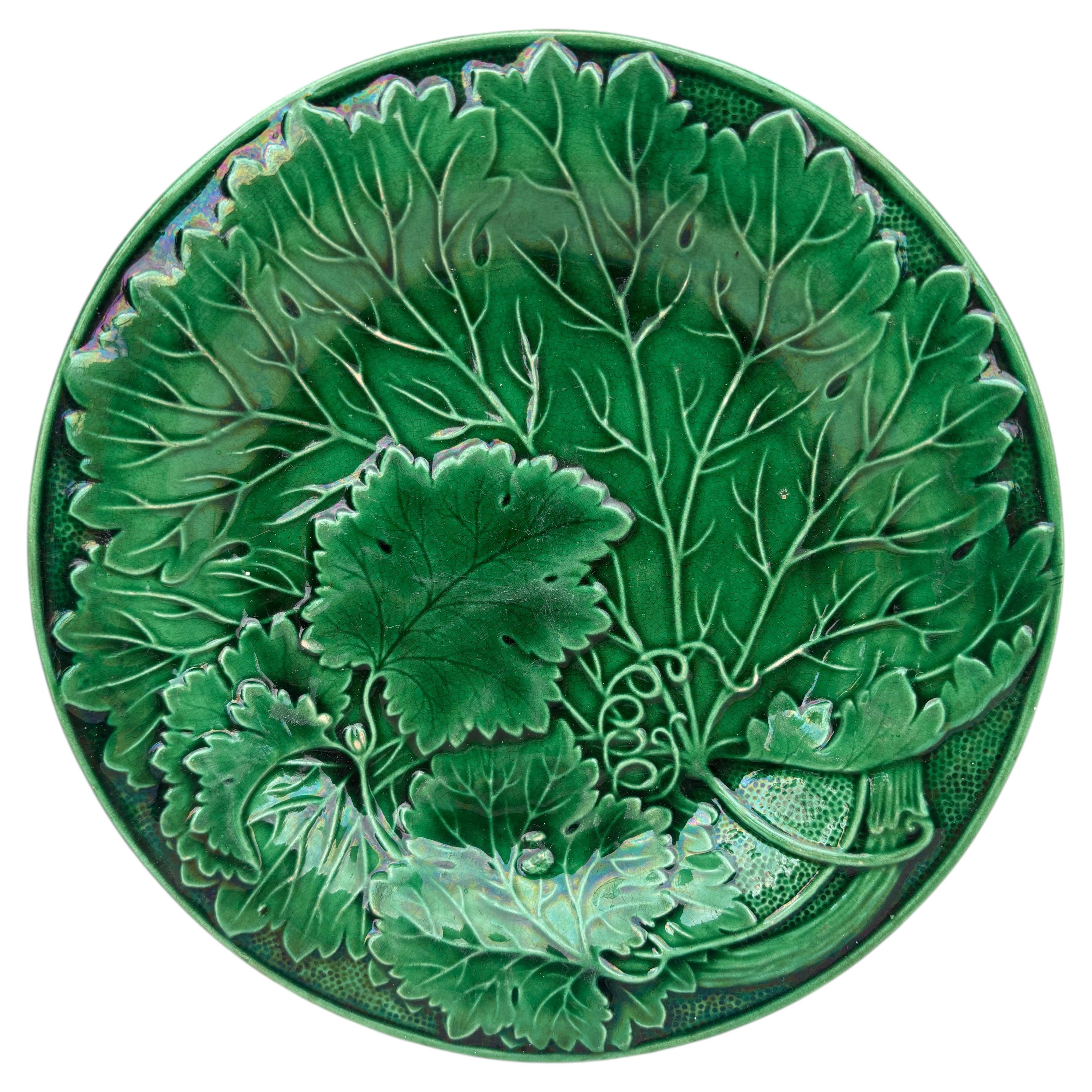 French Green Majolica Leaves Plate Montereau, circa 1890