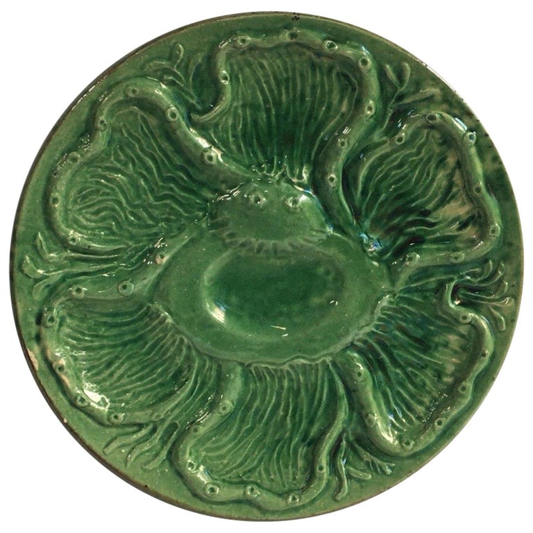 Ceramic French Green Majolica Oyster Marcel Guillot, circa 1950 For Sale