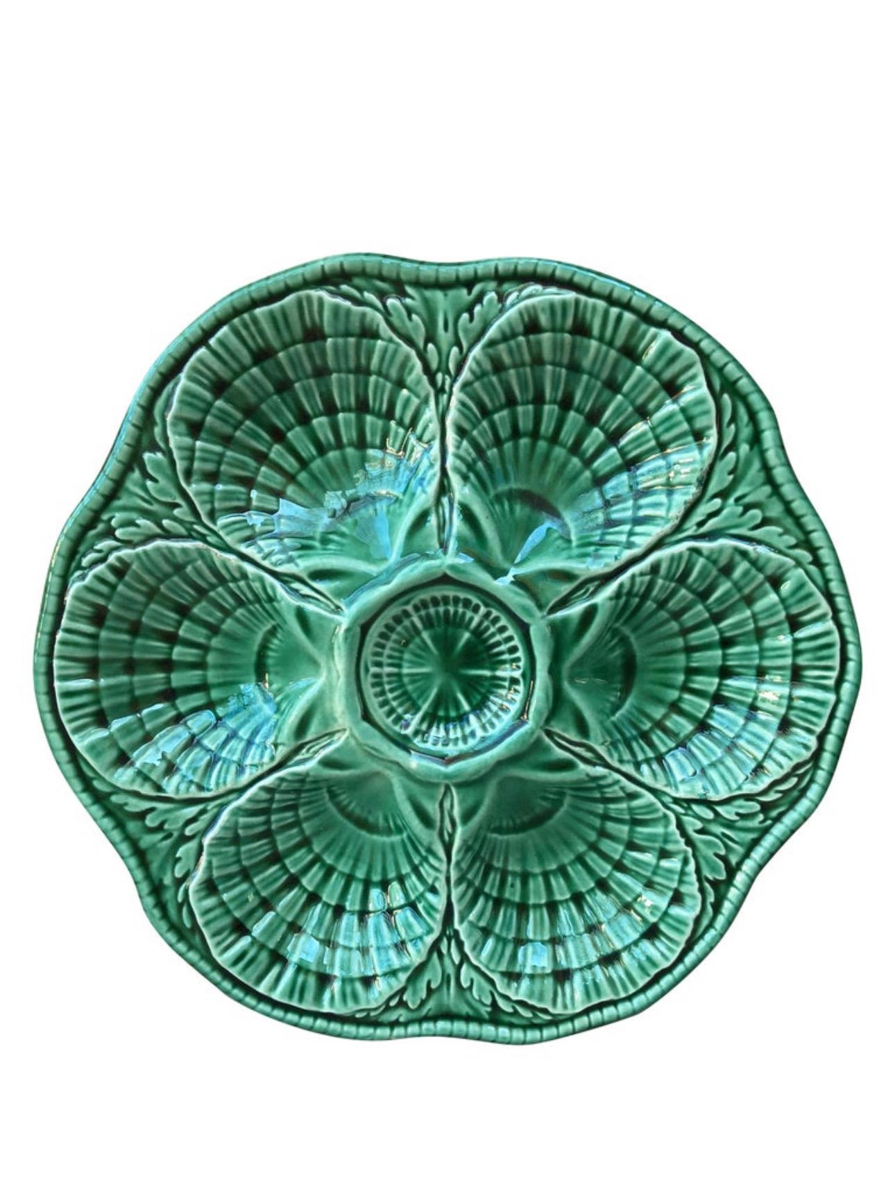 Mid-20th Century French Green Majolica Oyster Marcel Guillot, circa 1950 For Sale