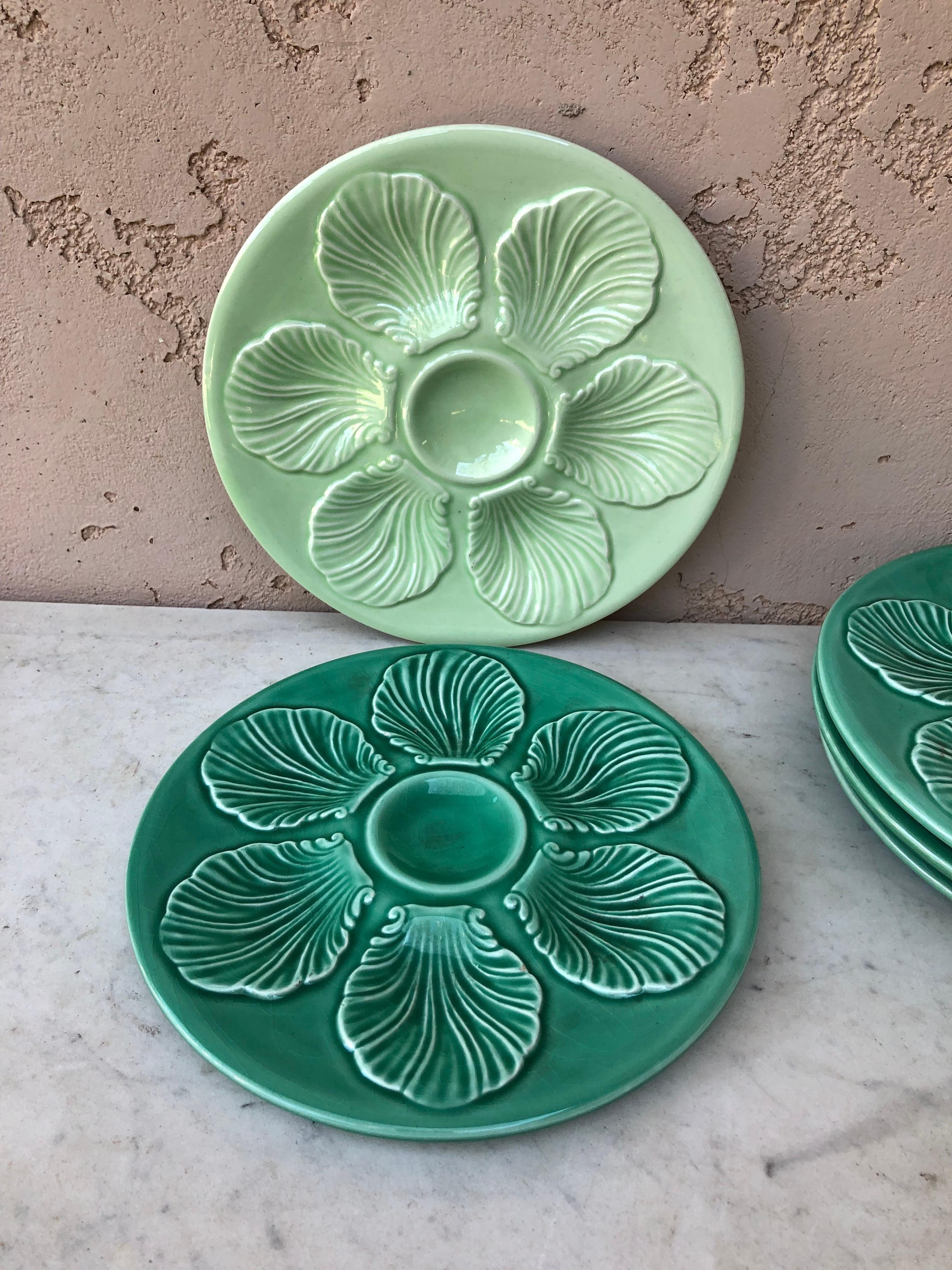 Mid-Century Modern French Green Majolica Oyster Plate, circa 1950
