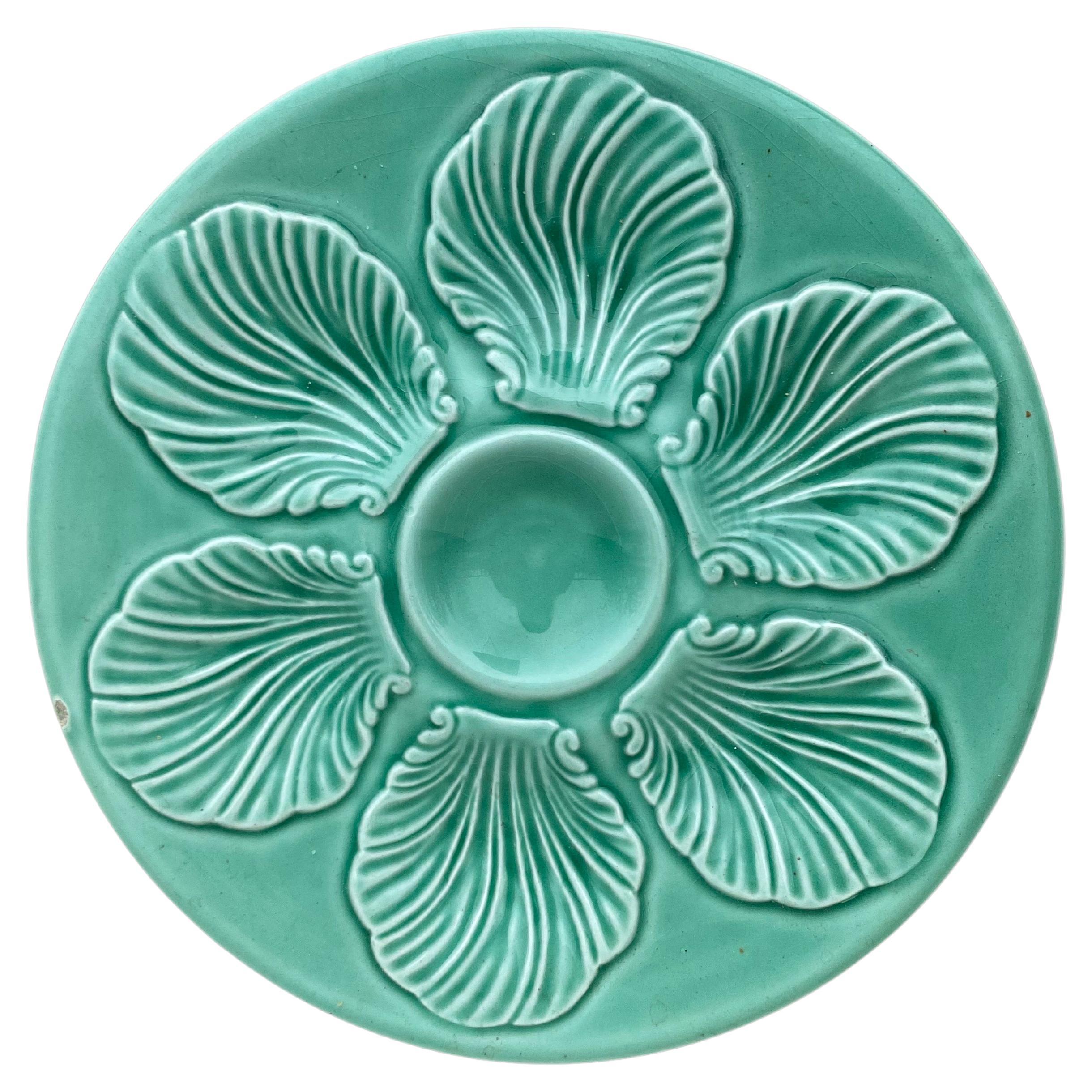 French Green Majolica Oyster Plate Proceram, circa 1950 For Sale