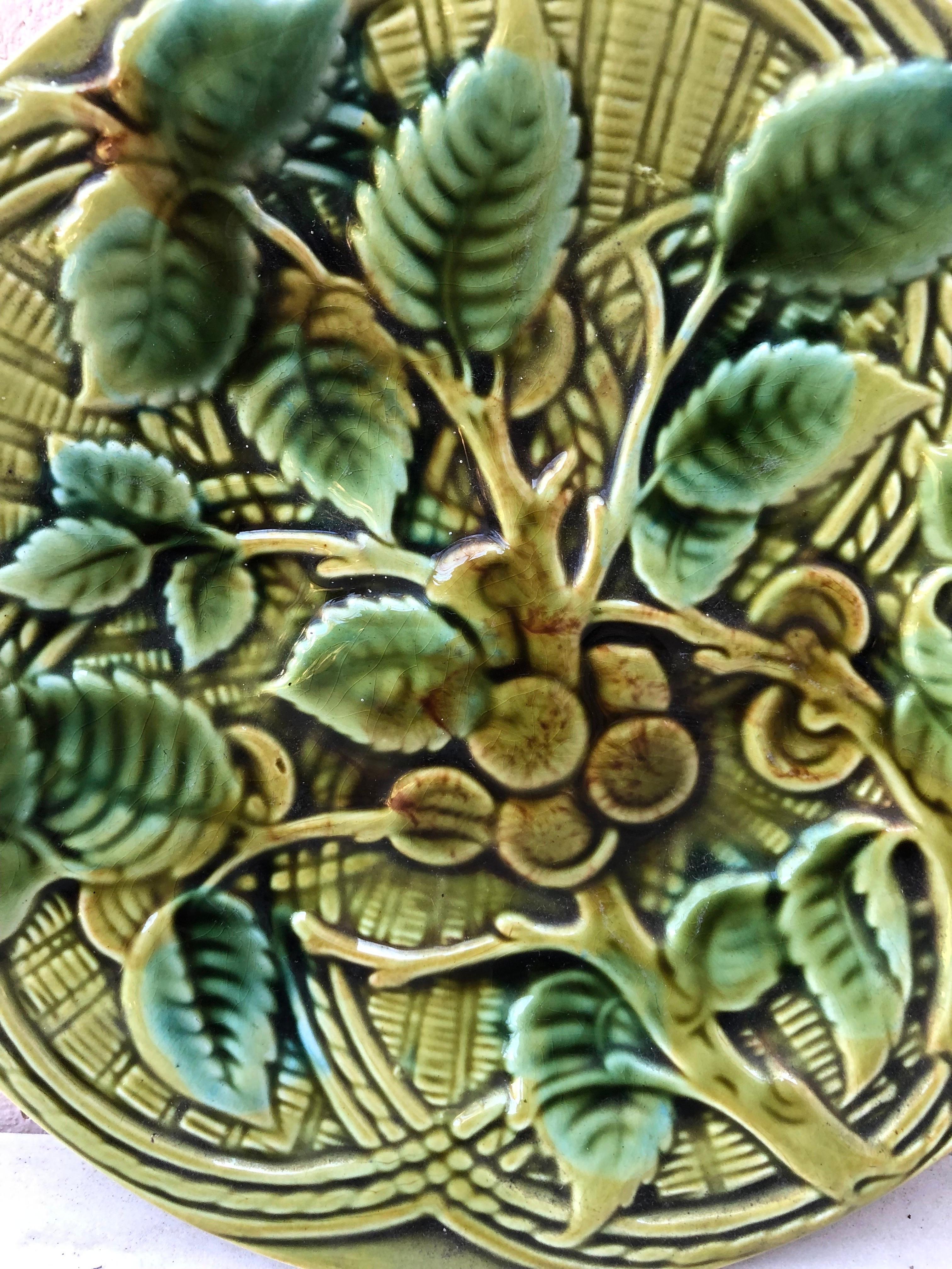 French Green Majolica plate with leaves circa 1890.