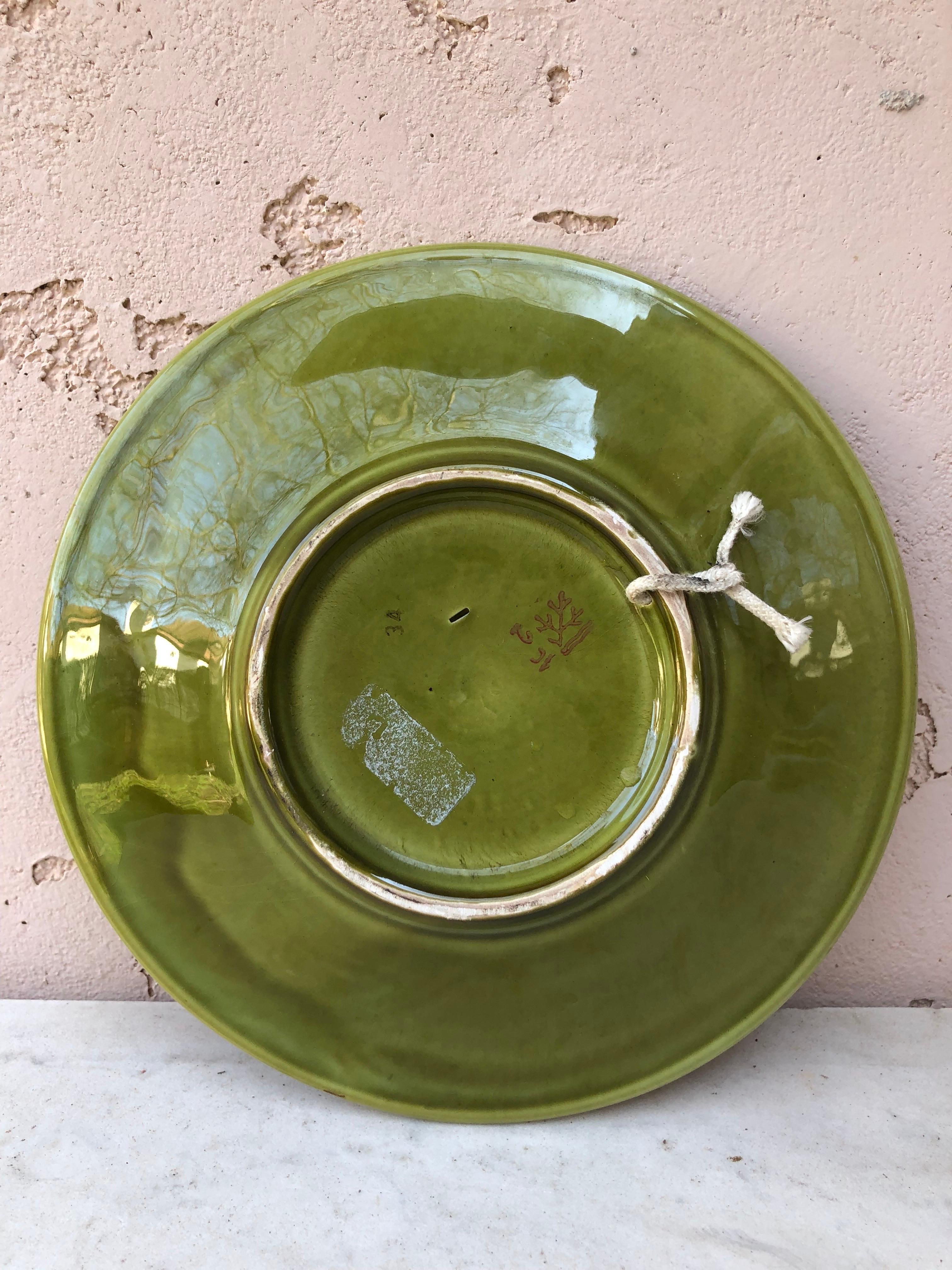 Rustic French Green Majolica Plate with Leaves Circa 1890 For Sale