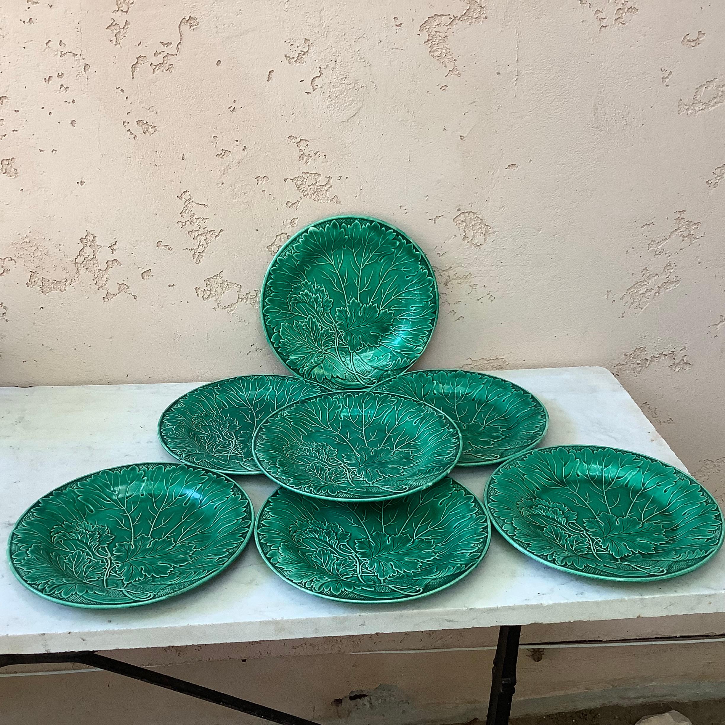 French Green Majolica Plate with Leaves Circa 1890 For Sale 2