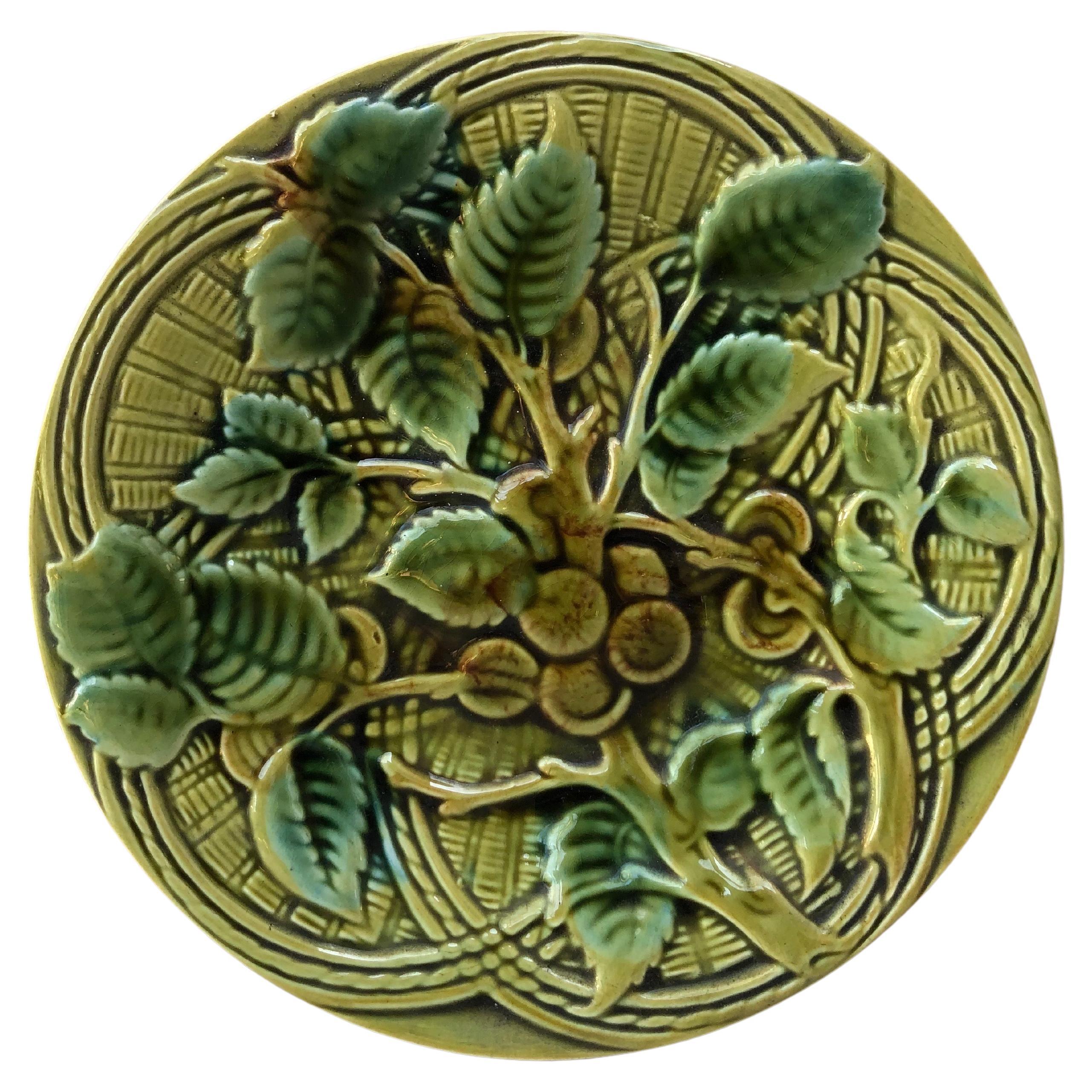 French Green Majolica Plate with Leaves Circa 1890