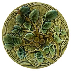 Antique French Green Majolica Plate with Leaves Circa 1890