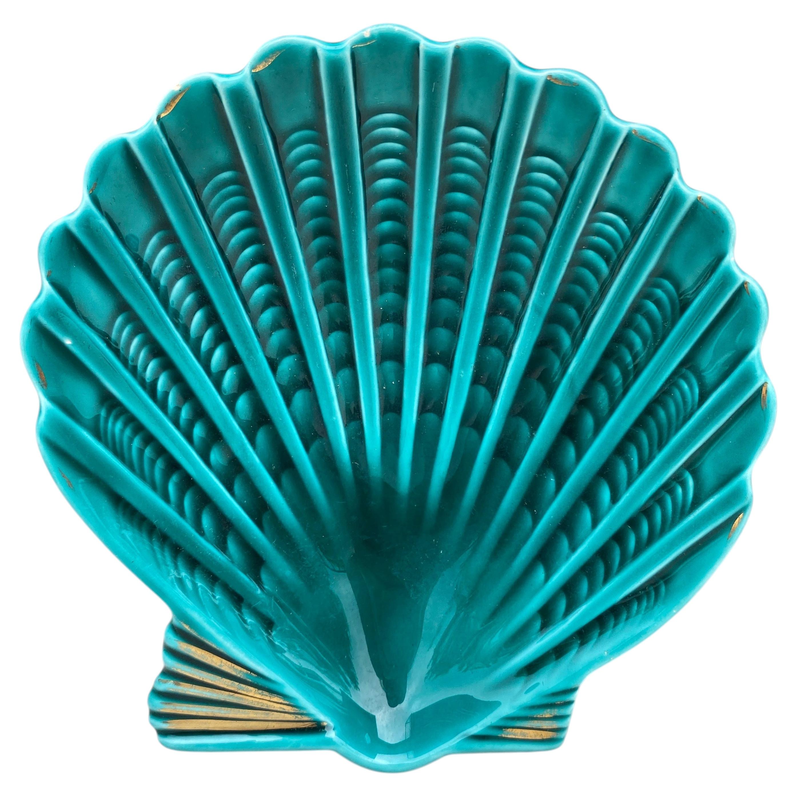 French Green Majolica Shell Dish Vallauris, Circa 1950 For Sale