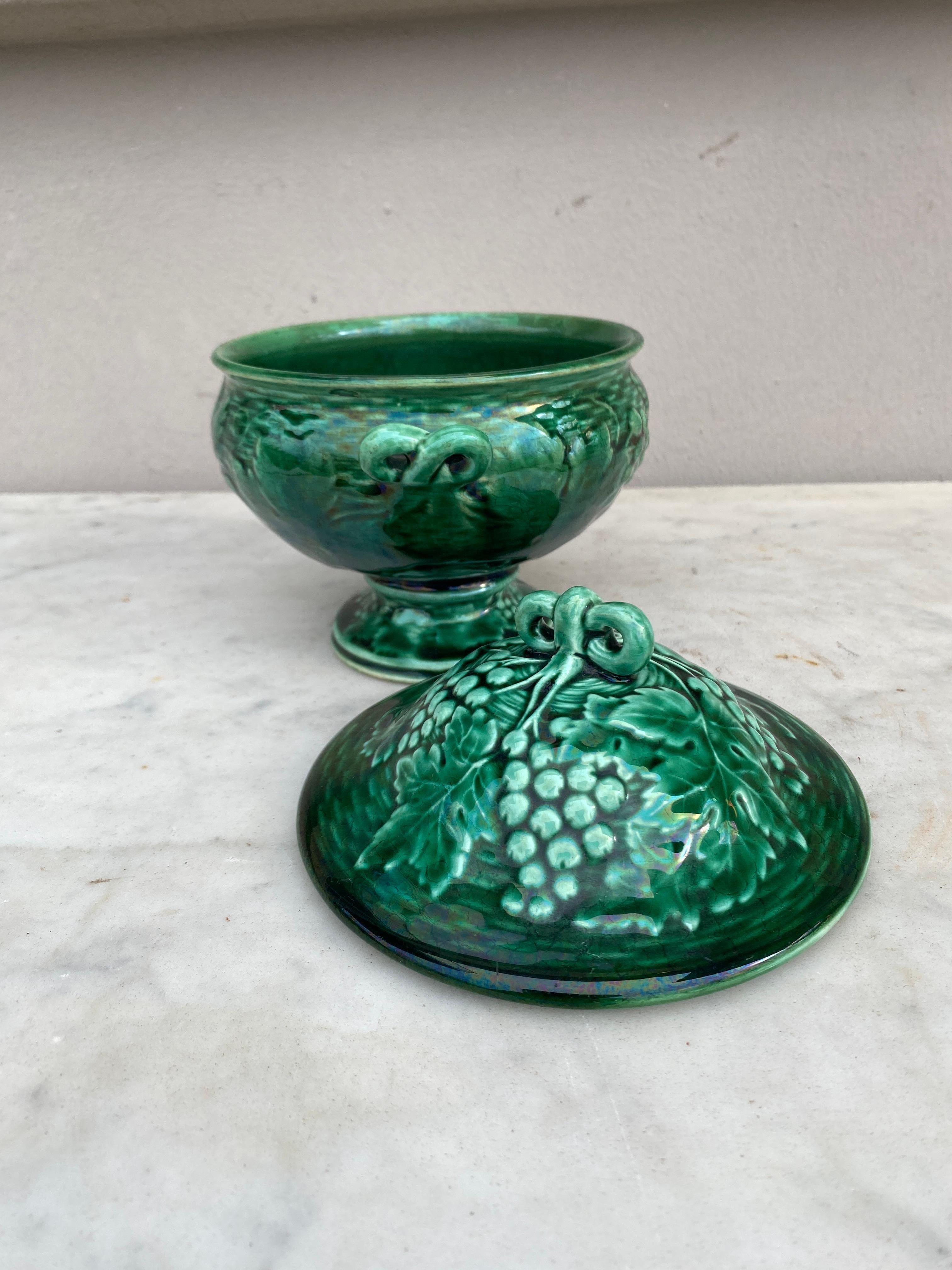 Rustic French Green Majolica Tureen with Grapes, circa 1890 For Sale