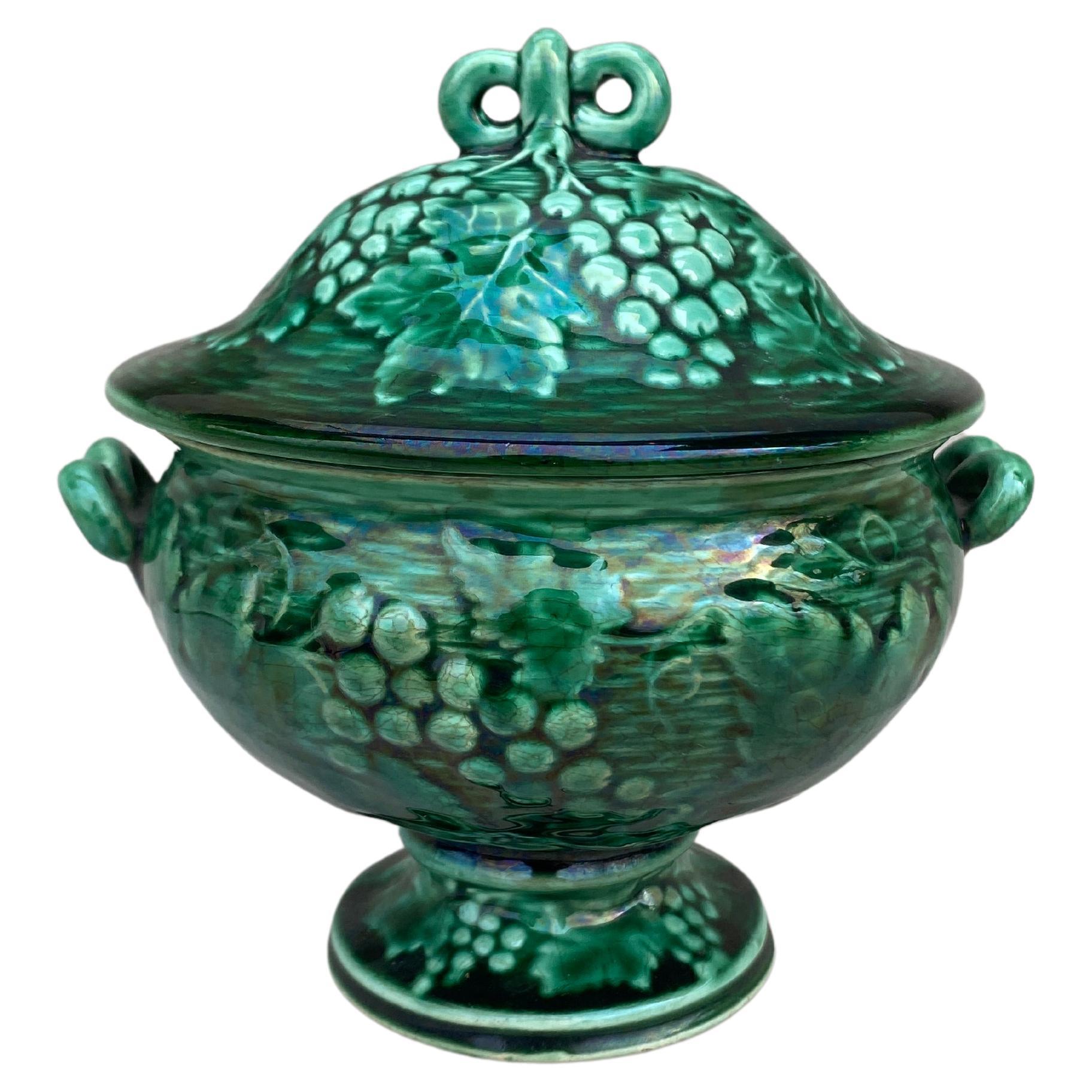 French Green Majolica Tureen with Grapes, circa 1890 For Sale