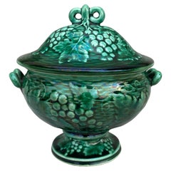 Antique French Green Majolica Tureen with Grapes, circa 1890