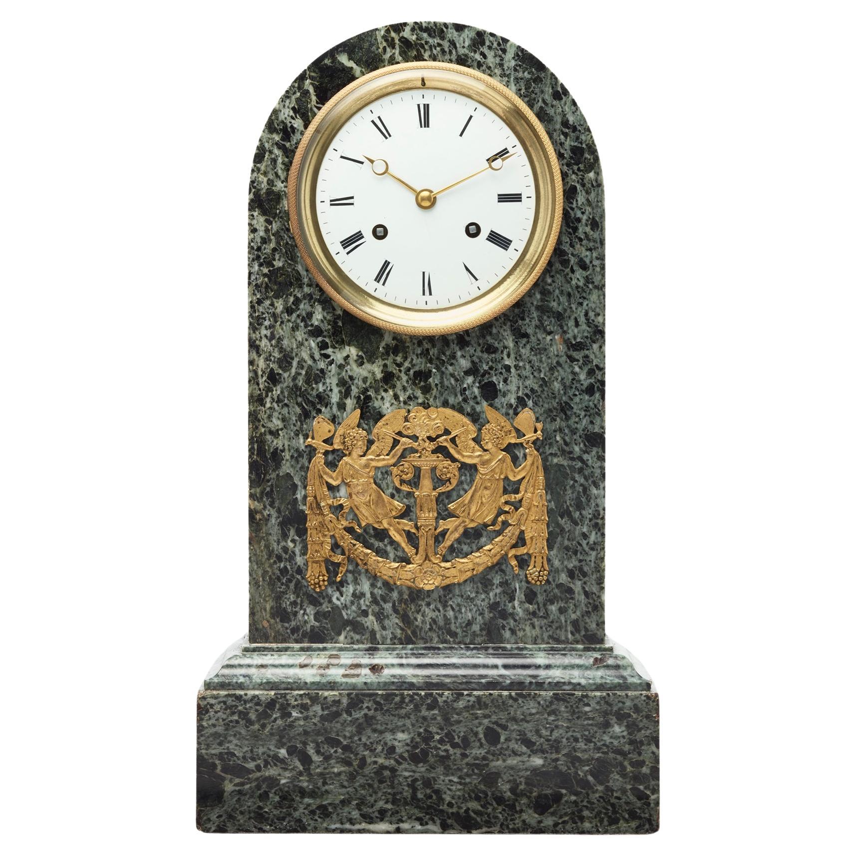 French green marble arched mantel clock  For Sale