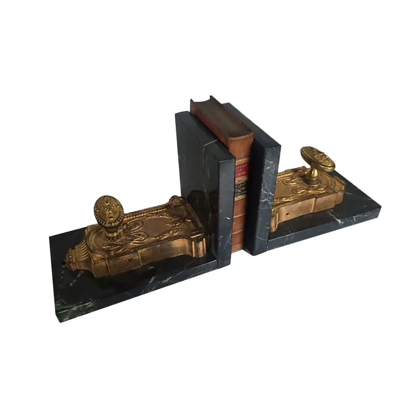 A pair of 1840 French imperial green marble bookends with mounted 18th century Cremona bolts. With handled knobs. High quality bronze doré. Circa 1840.