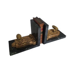 French Green Marble Bookends with 18th Century Bronze Dore Bolts