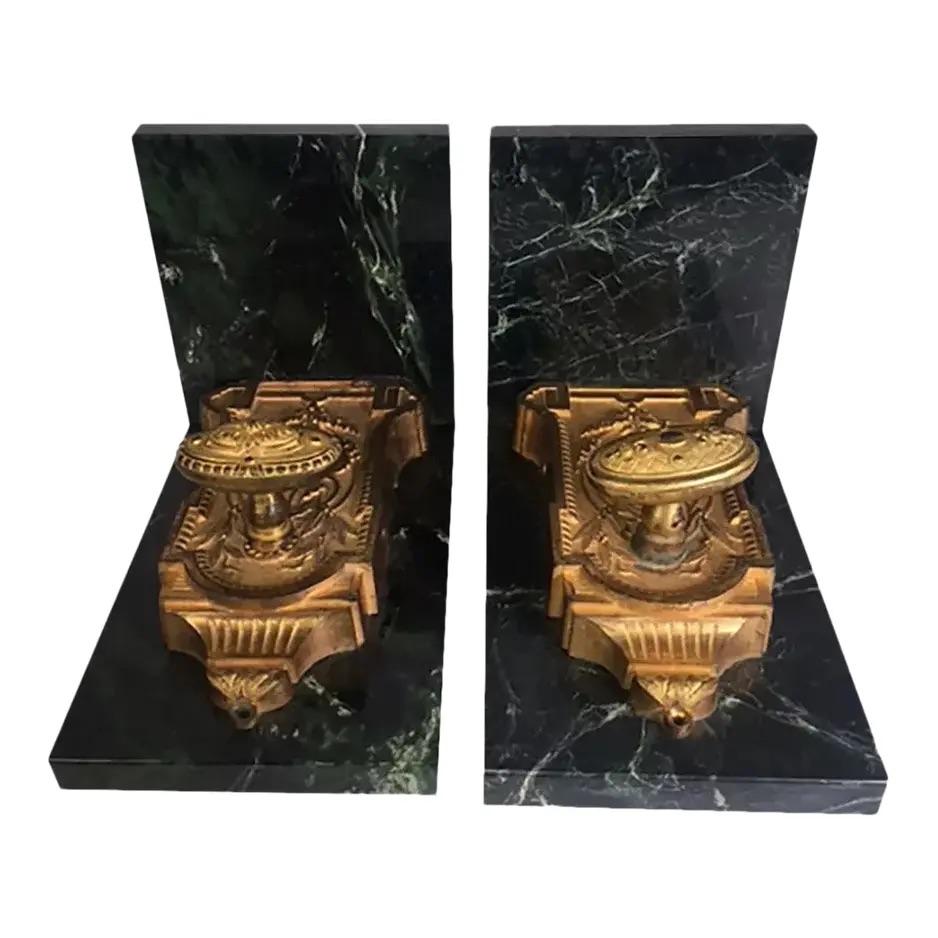 French Green Marble Bookends with 18th Century Bronze Dore Bolts For Sale 1