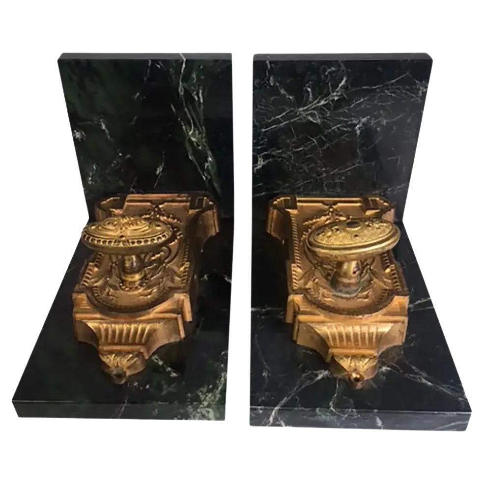 French Green Marble Bookends with 18th Century Bronze Dore Bolts For Sale