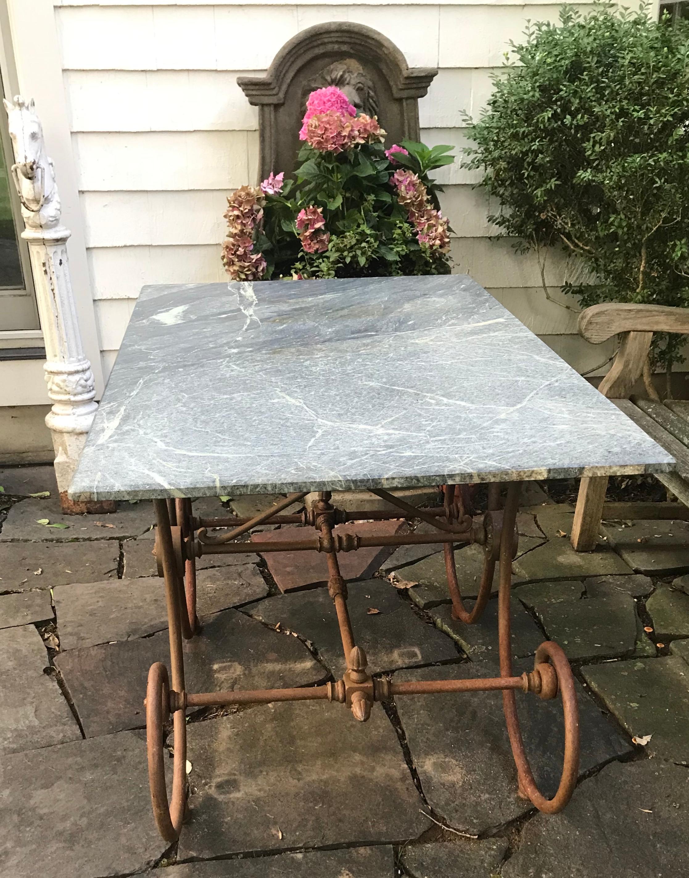 19th Century French Green Marble Top Baker's Table For Sale