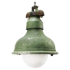 French Green Metal Vintage Industrial Opaline Glass Pendant Light