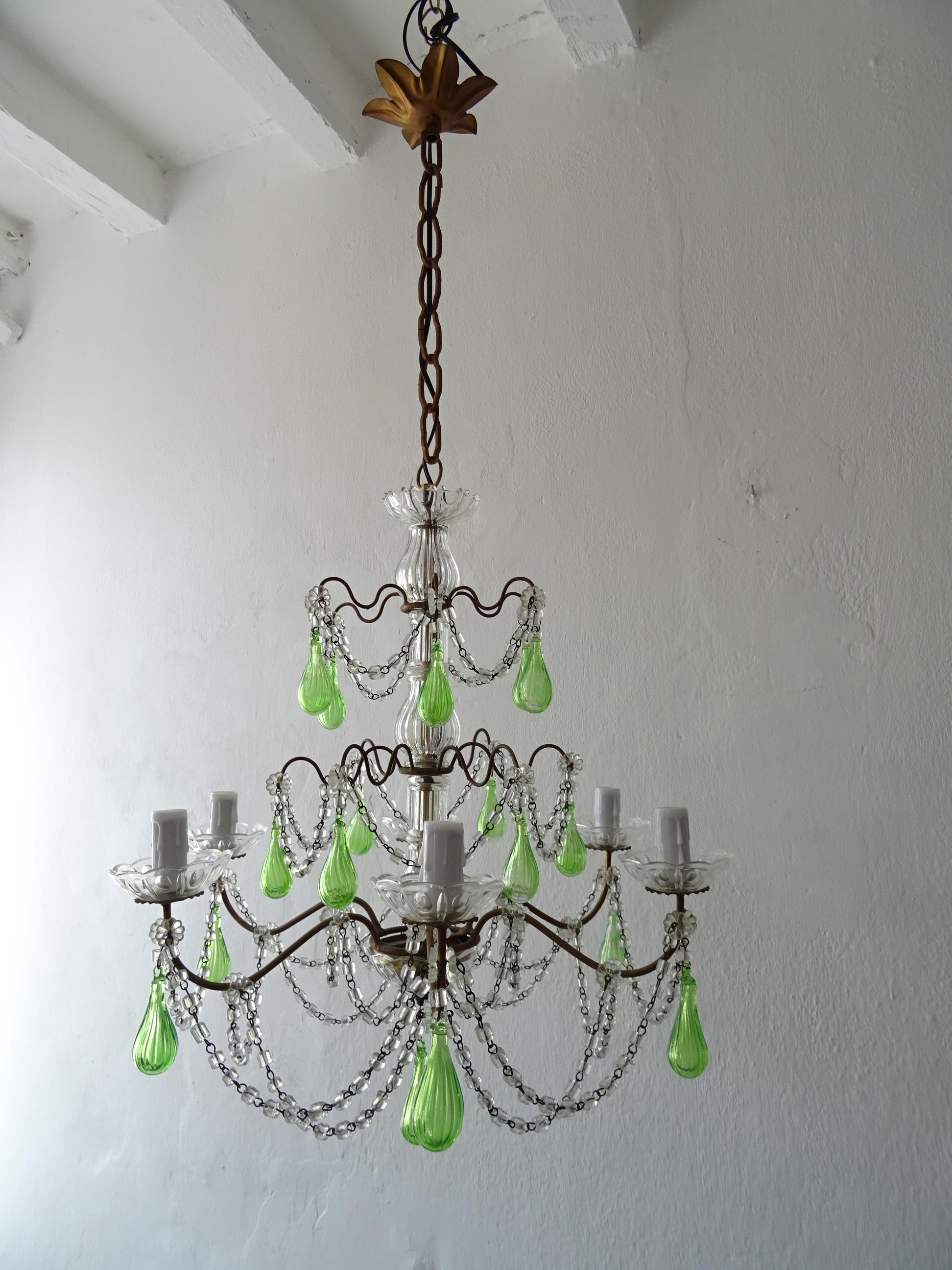 French Green Mouth Blown Murano Glass Drops Crystal Swags Chandelier, circa 1920 For Sale 6