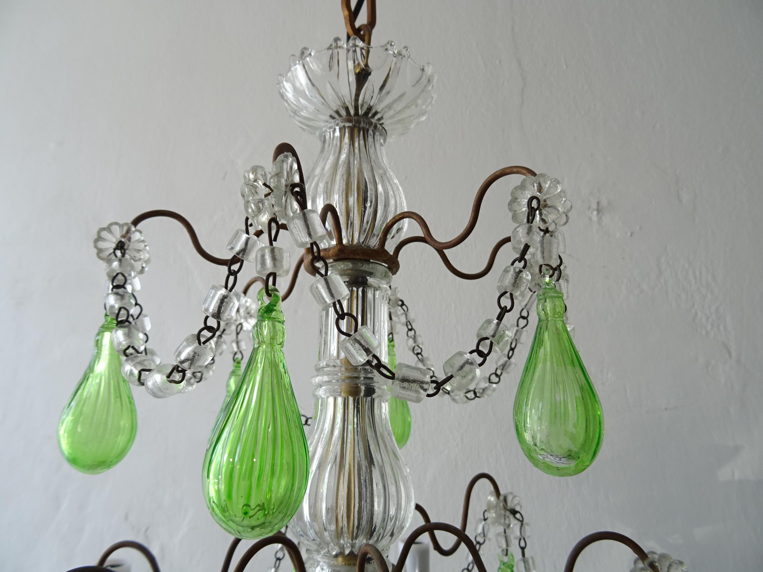 French Green Mouth Blown Murano Glass Drops Crystal Swags Chandelier, circa 1920 In Good Condition For Sale In Firenze, Toscana