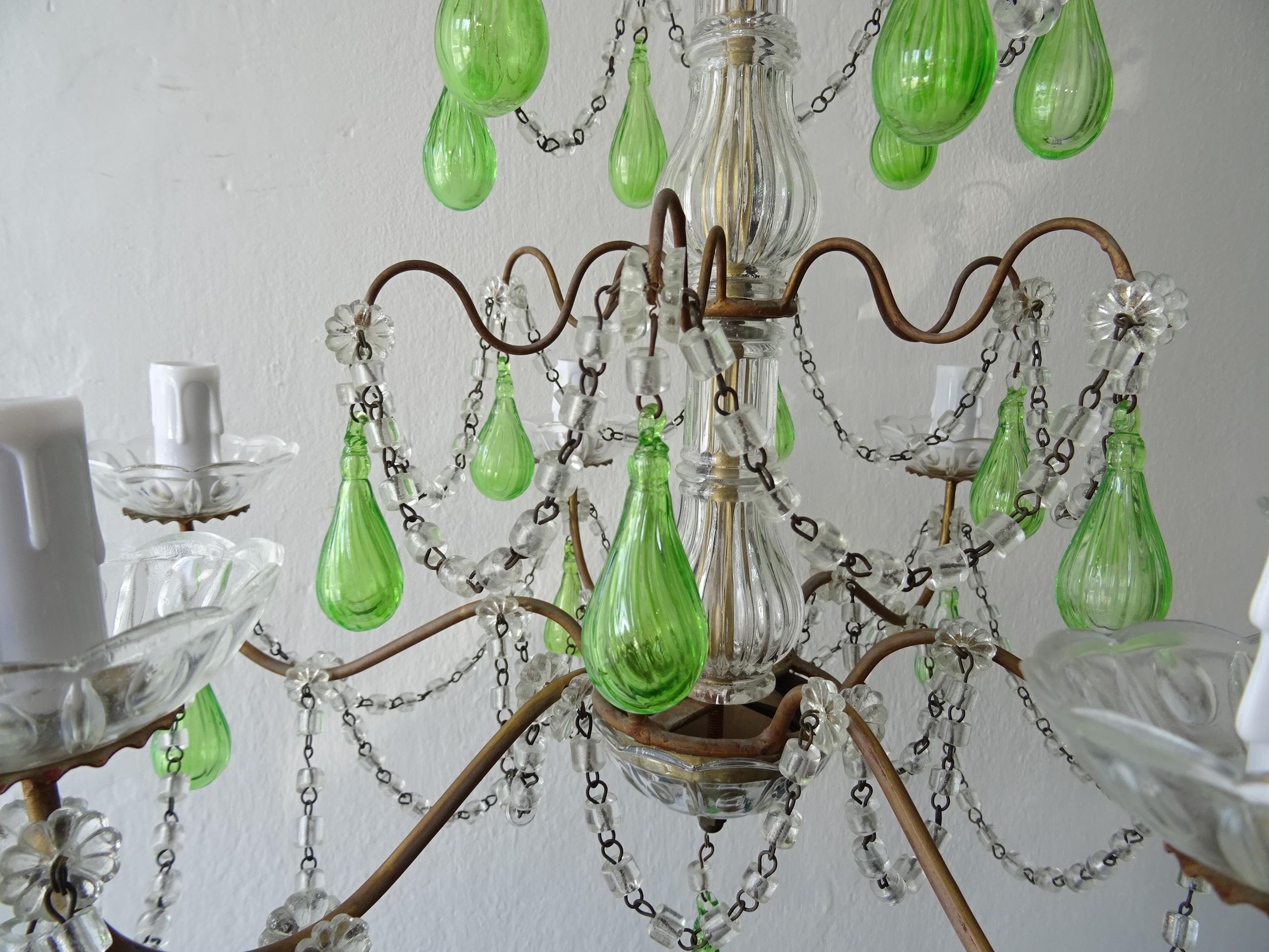 Early 20th Century French Green Mouth Blown Murano Glass Drops Crystal Swags Chandelier, circa 1920 For Sale