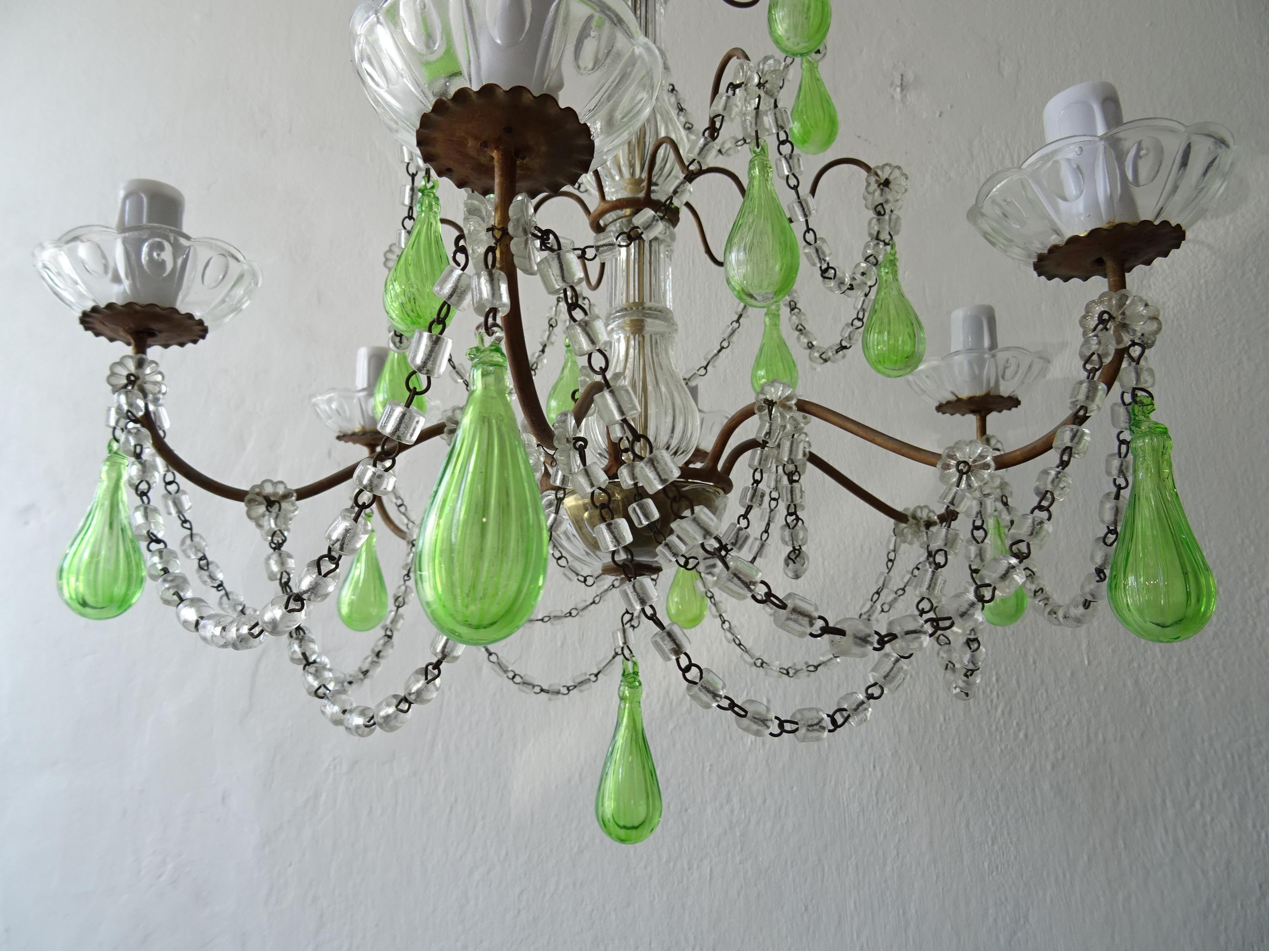 French Green Mouth Blown Murano Glass Drops Crystal Swags Chandelier, circa 1920 For Sale 1
