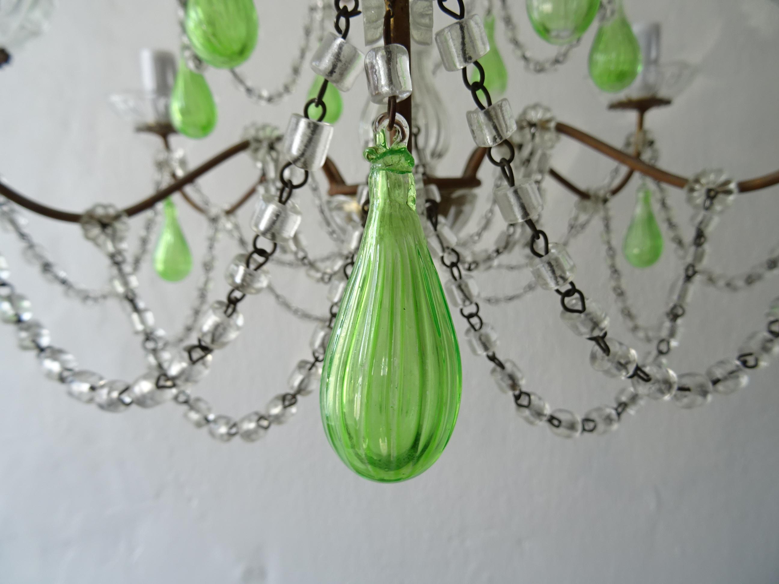 French Green Mouth Blown Murano Glass Drops Crystal Swags Chandelier, circa 1920 For Sale 2