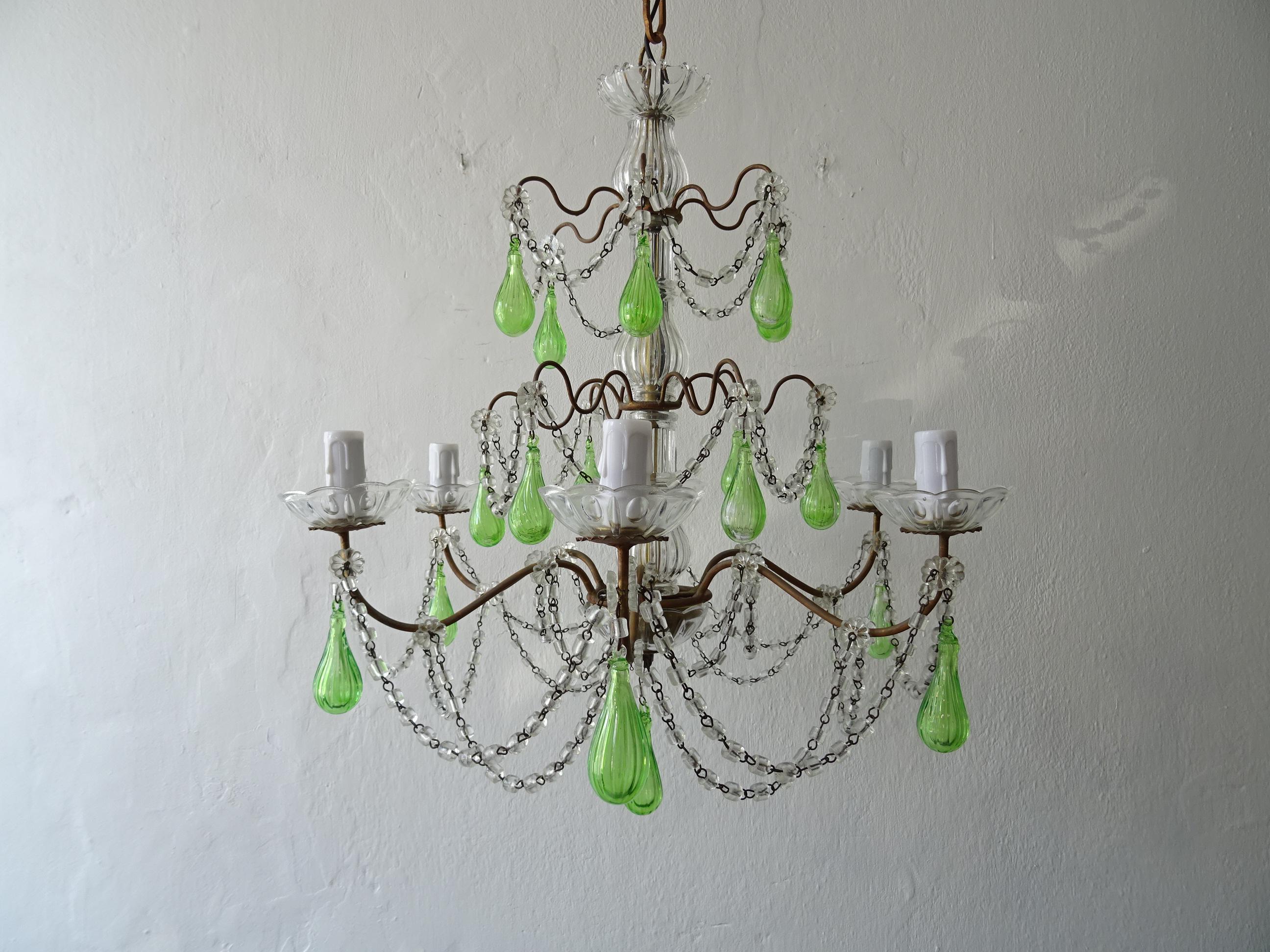 French Green Mouth Blown Murano Glass Drops Crystal Swags Chandelier, circa 1920 For Sale 3