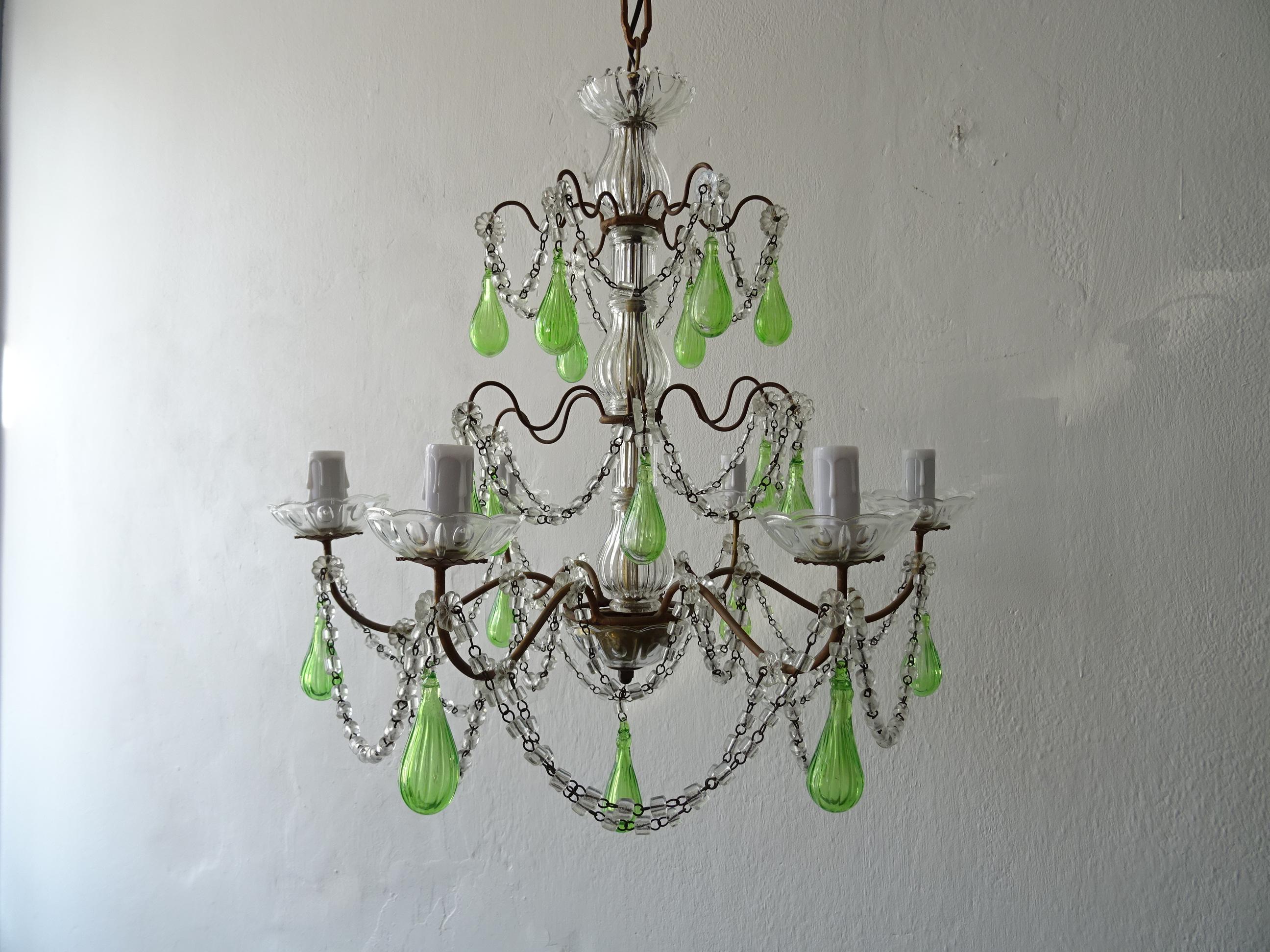French Green Mouth Blown Murano Glass Drops Crystal Swags Chandelier, circa 1920 For Sale 4