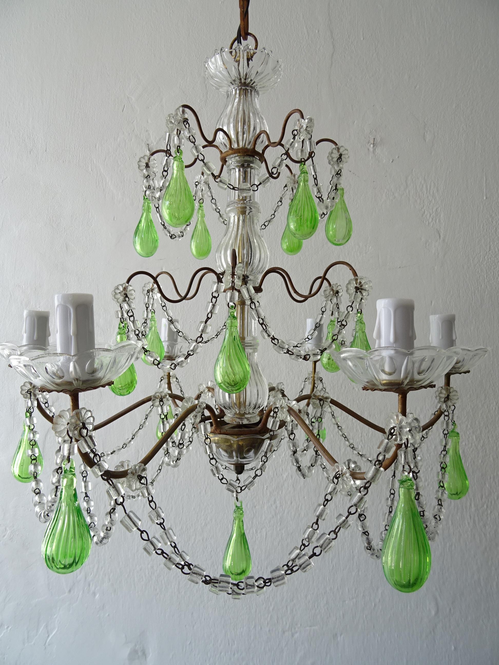 French Green Mouth Blown Murano Glass Drops Crystal Swags Chandelier, circa 1920 For Sale 5