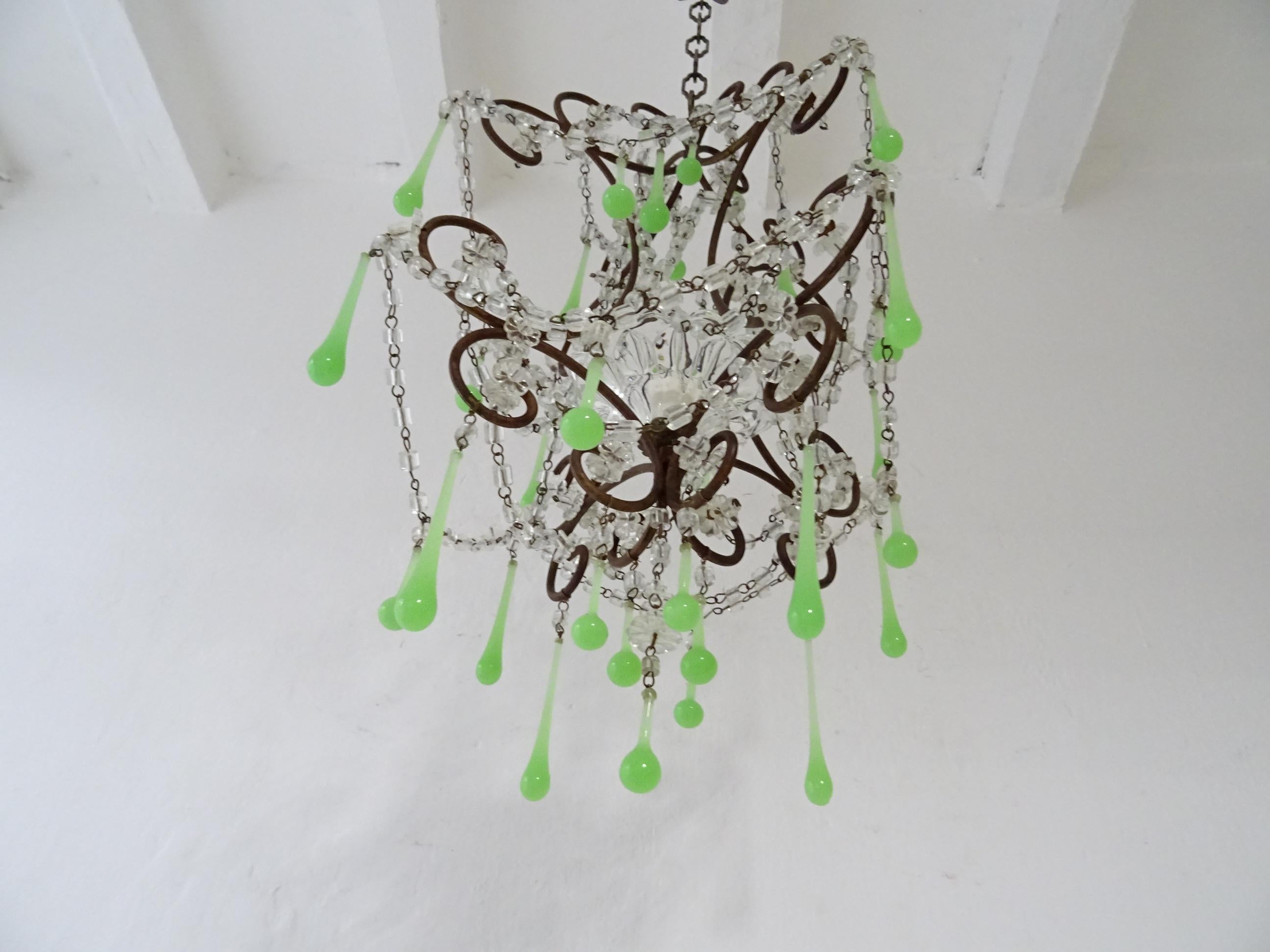 Baroque French Green Opaline Drops Crystal Swags and Bobeche Chandelier, circa 1920