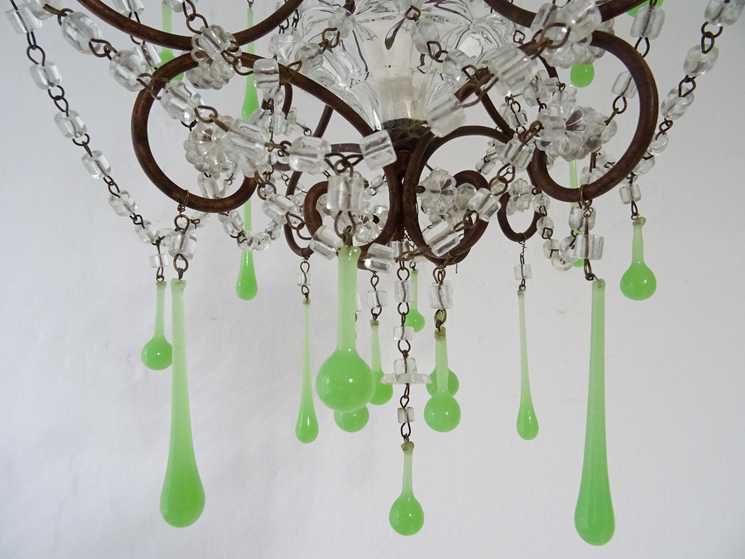 French Green Opaline Drops Crystal Swags and Bobeche Chandelier, circa 1920 1