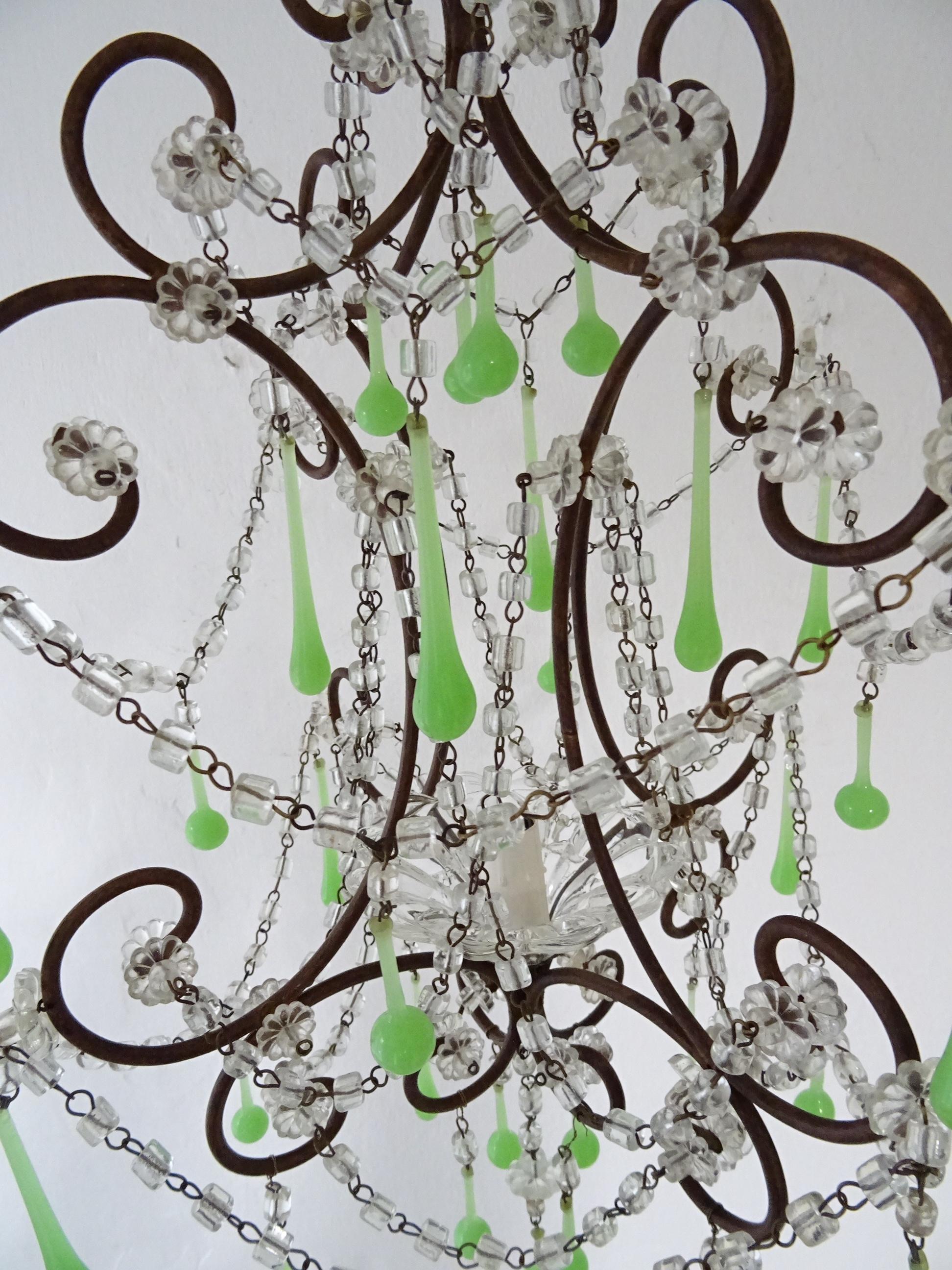 French Green Opaline Drops Crystal Swags and Bobeche Chandelier, circa 1920 3