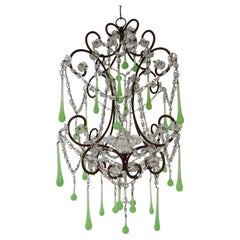 French Green Opaline Drops Crystal Swags and Bobeche Chandelier, circa 1920