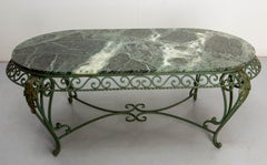 French Green Oval Marble Top & Wrought Iron Coffee Table, circa 1960