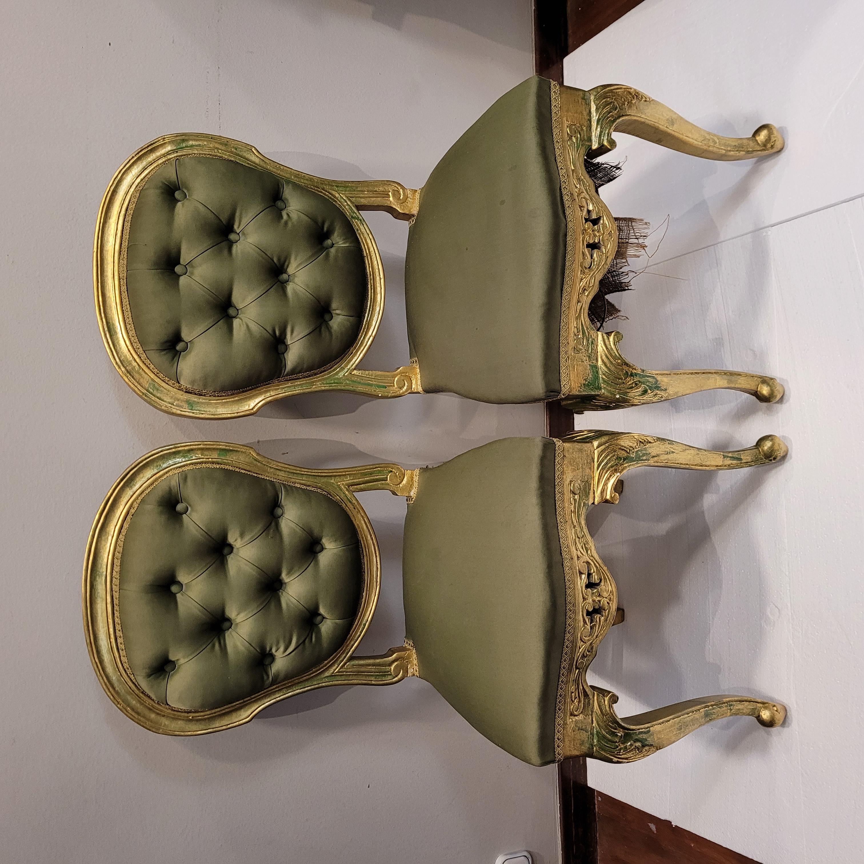 Early 20th Century French Green Pair of chairs in carved and gilded wood, Louis XV style For Sale