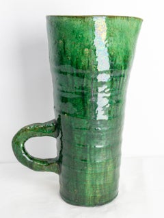 French Green Pitcher Glazed Ceramic or Vase, Midcentury