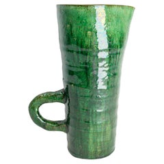 Vintage French Green Pitcher Glazed Ceramic or Vase, Midcentury