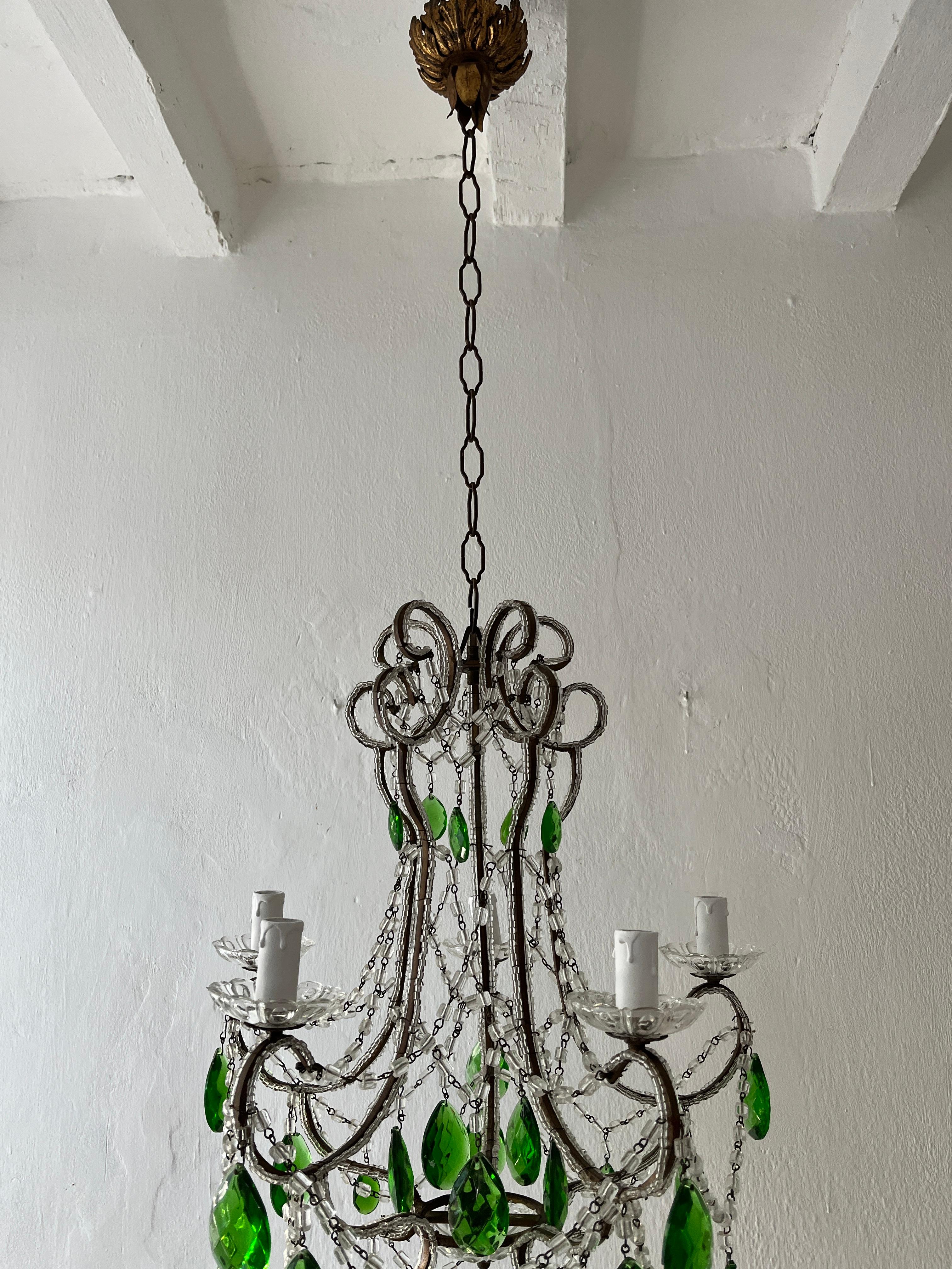 Baroque French Green Prisms Loaded Macaroni Beads Beaded Chandelier, 1920s  For Sale