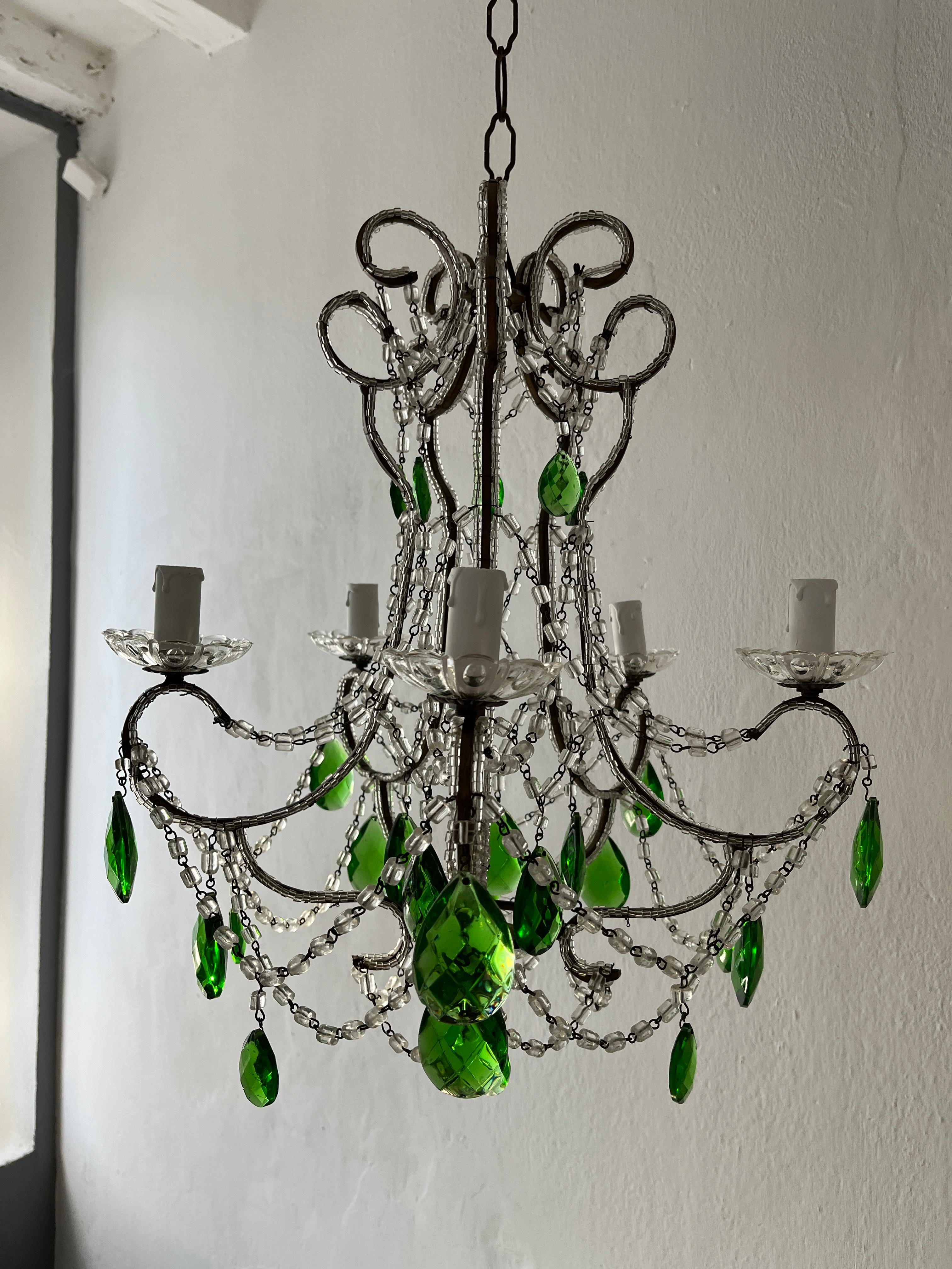 Early 20th Century French Green Prisms Loaded Macaroni Beads Beaded Chandelier, 1920s  For Sale