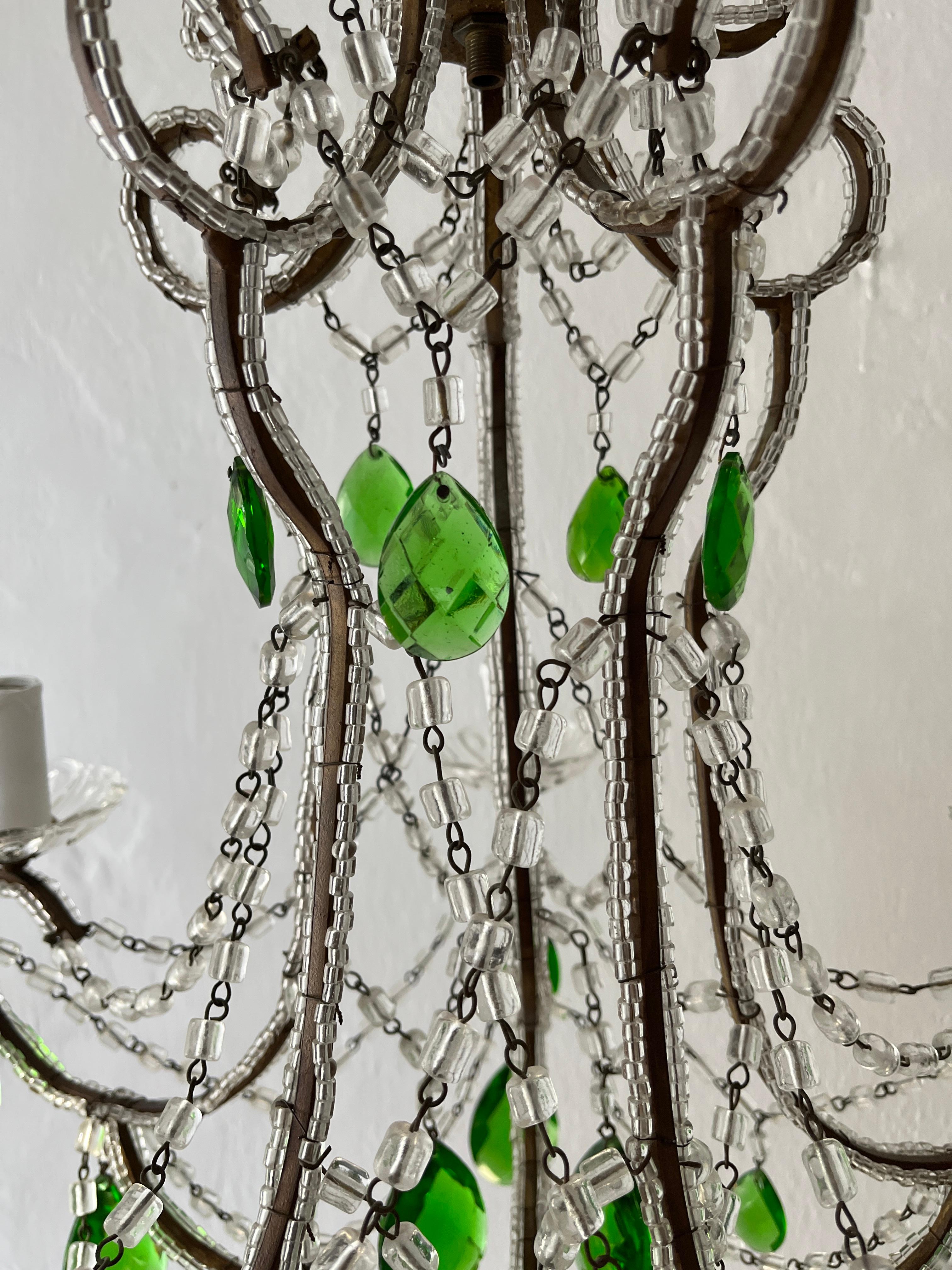 Crystal French Green Prisms Loaded Macaroni Beads Beaded Chandelier, 1920s  For Sale