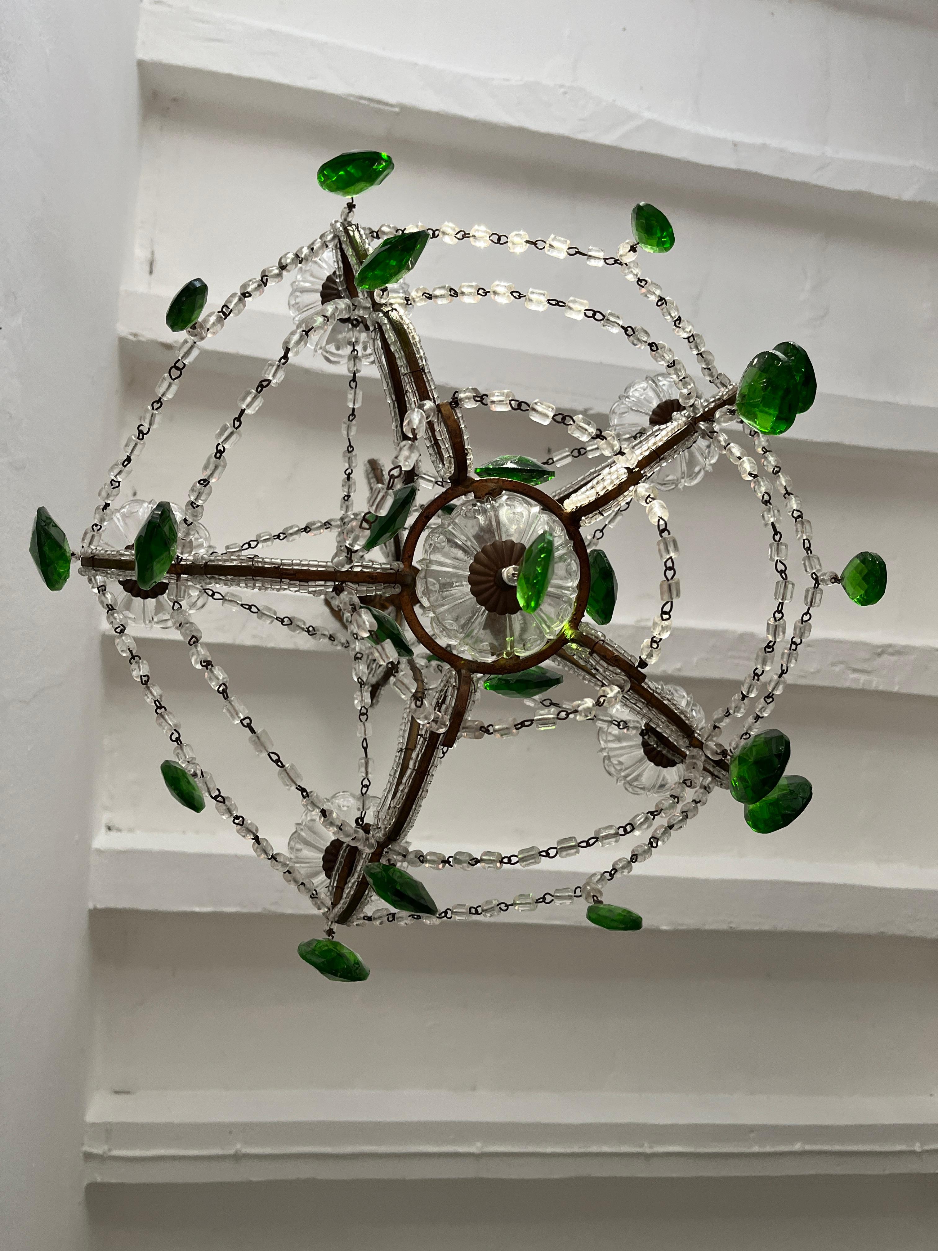 French Green Prisms Loaded Macaroni Beads Beaded Chandelier, 1920s  For Sale 1