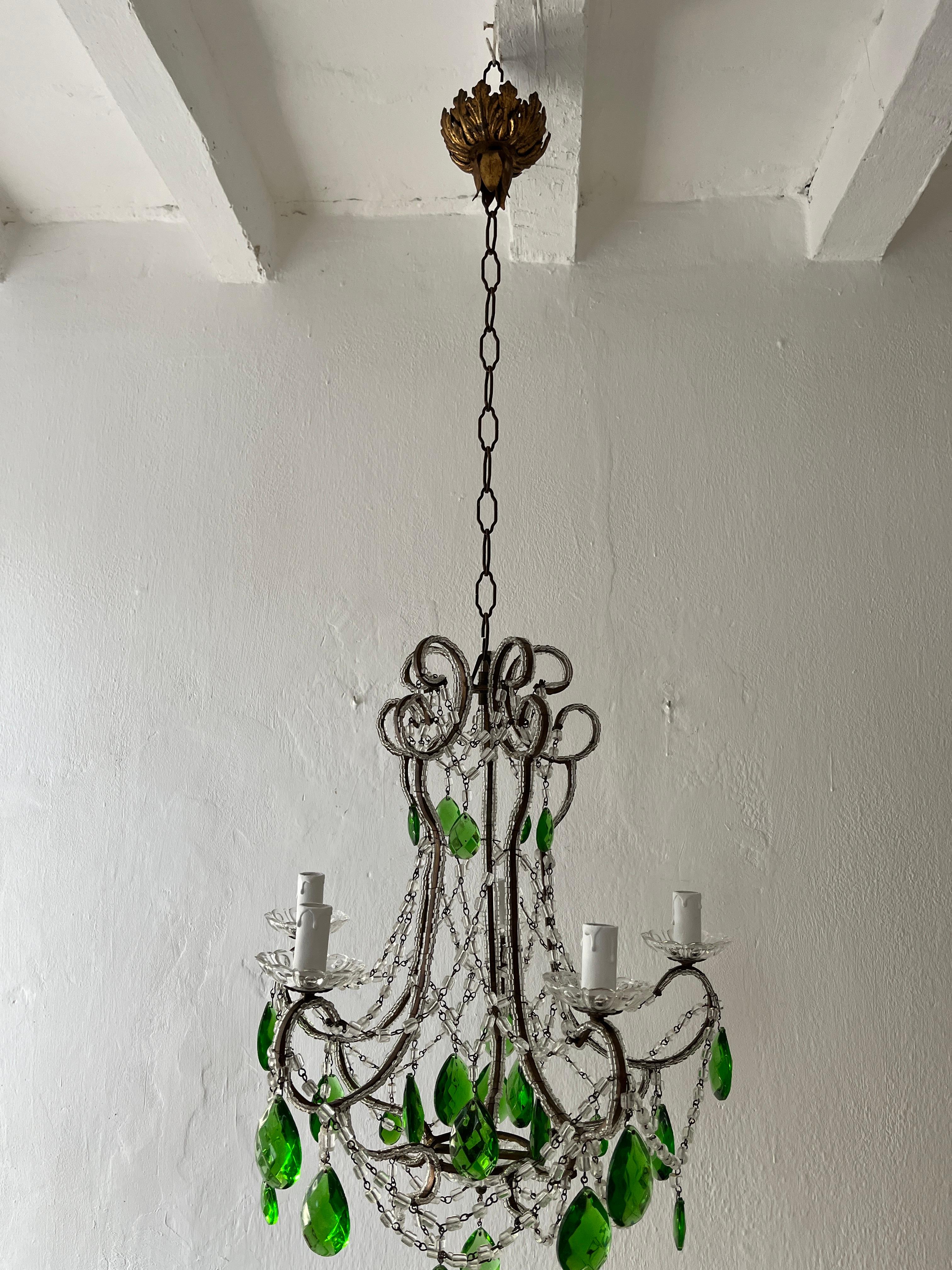 French Green Prisms Loaded Macaroni Beads Beaded Chandelier, 1920s  For Sale 2
