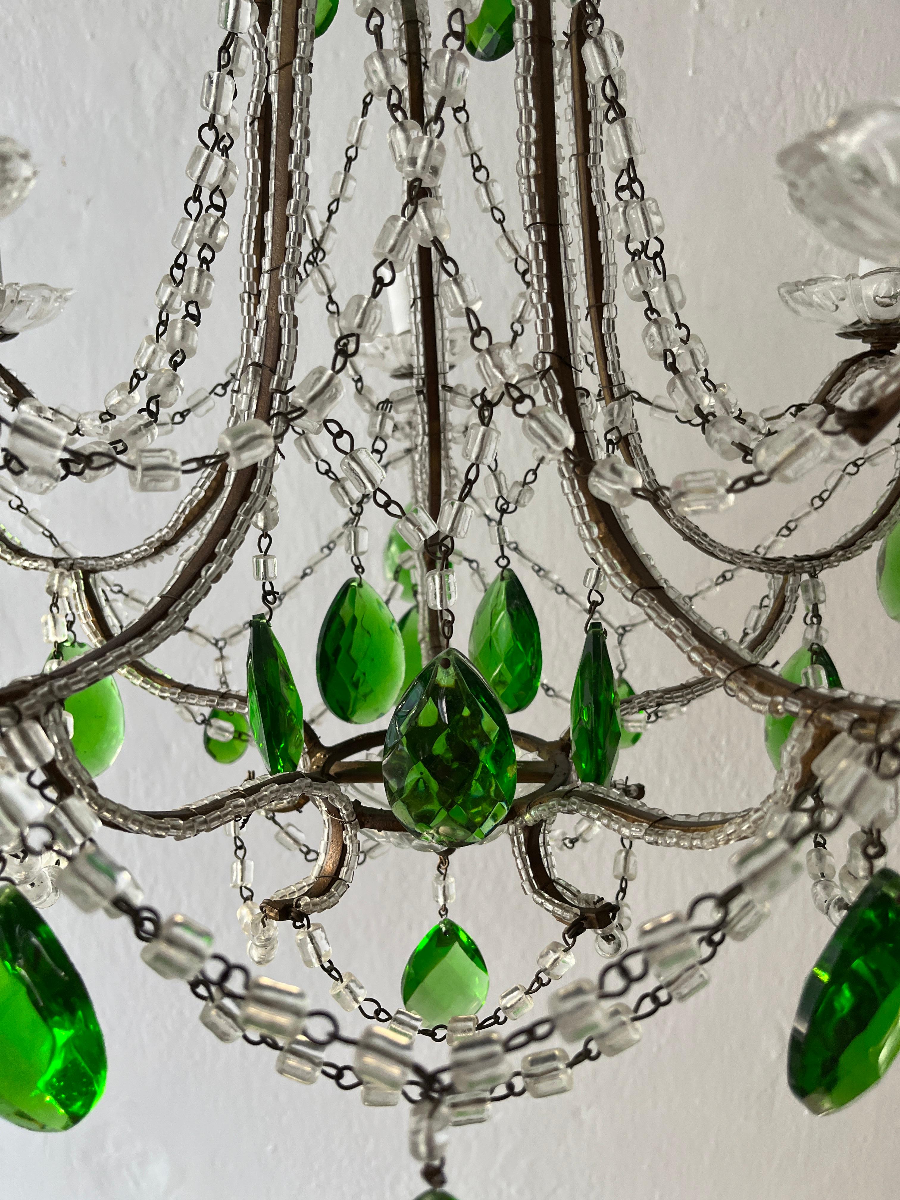 French Green Prisms Loaded Macaroni Beads Beaded Chandelier, 1920s  For Sale 3