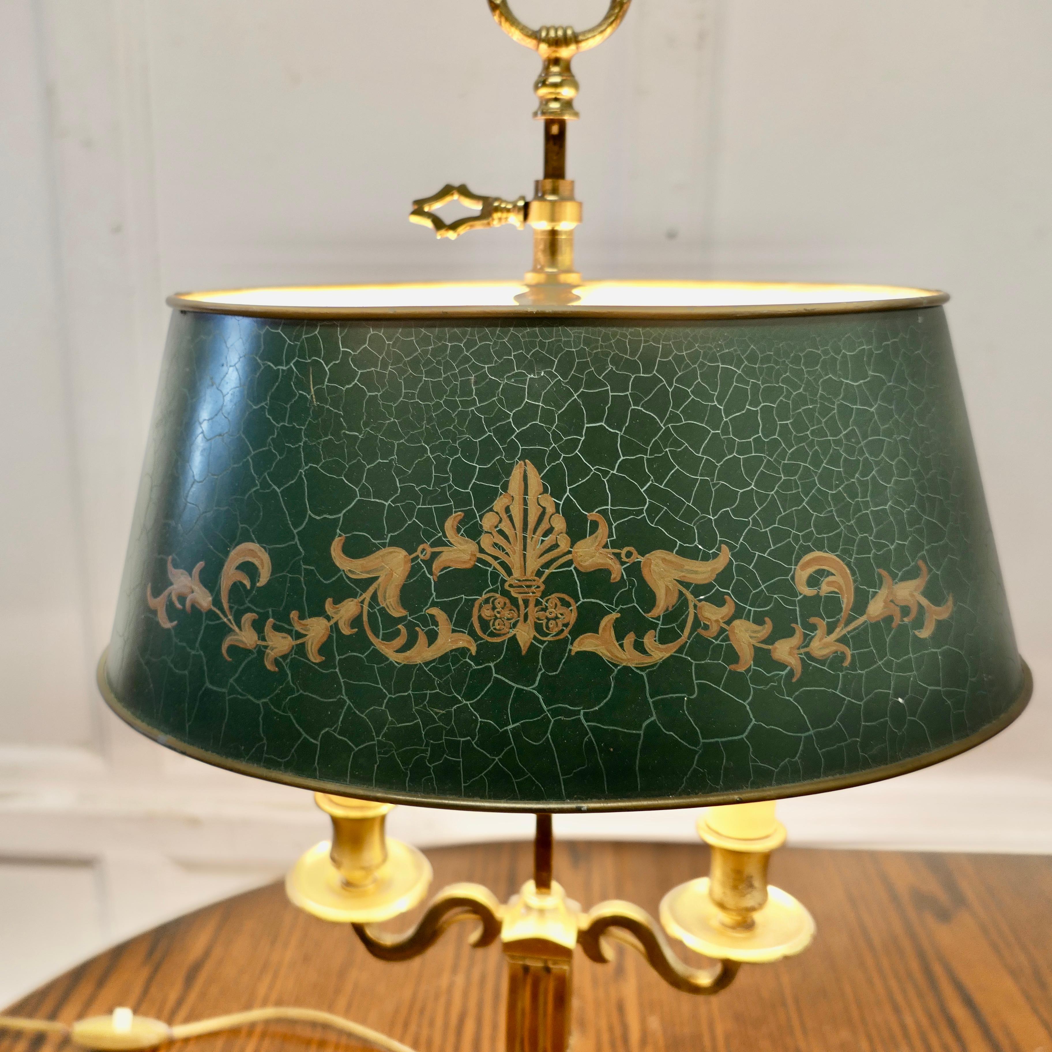 French Green Toleware and Brass Twin Bouillotte Desk Lamp 1