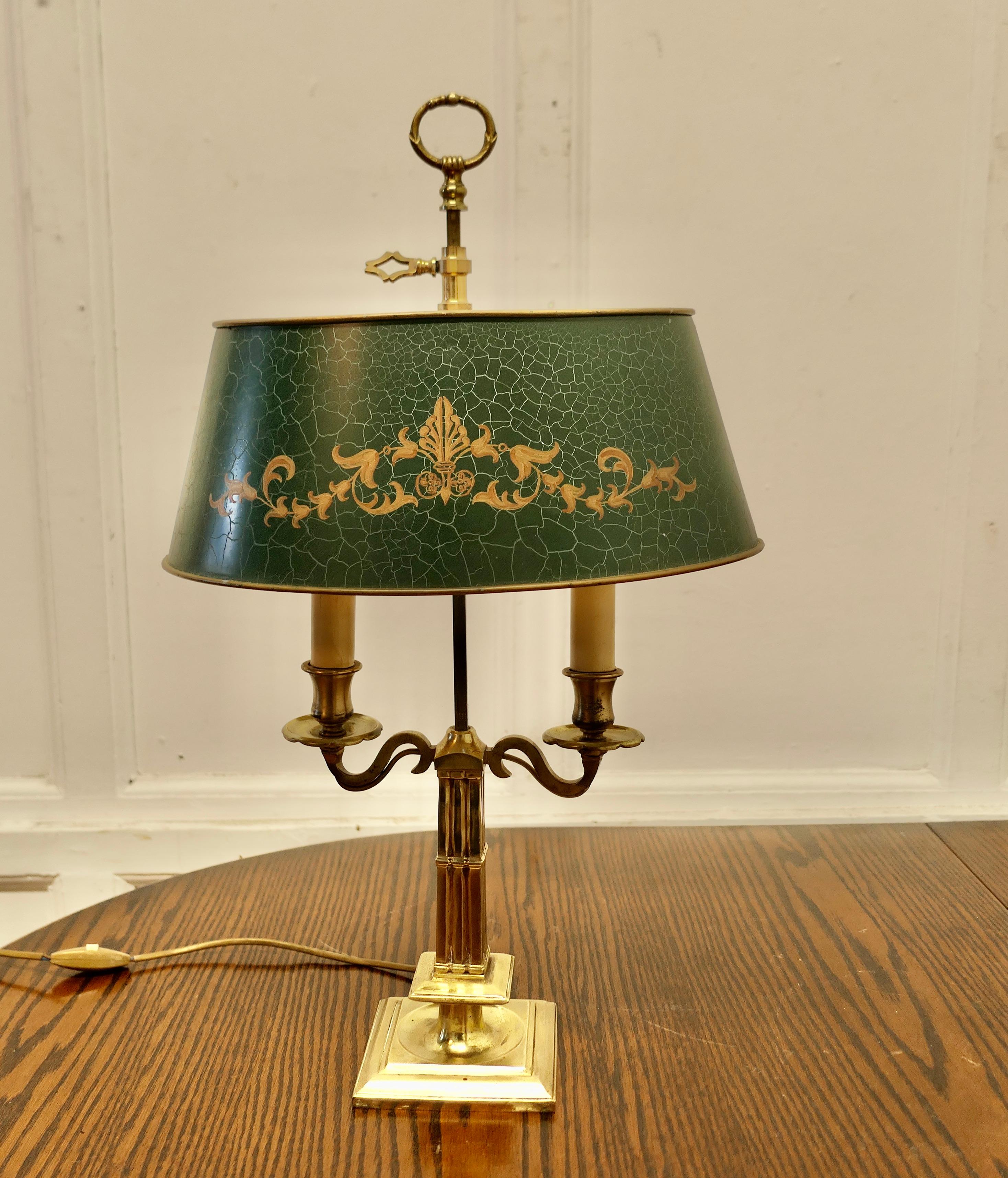 French Green Toleware and Brass Twin Bouillotte Desk Lamp 2