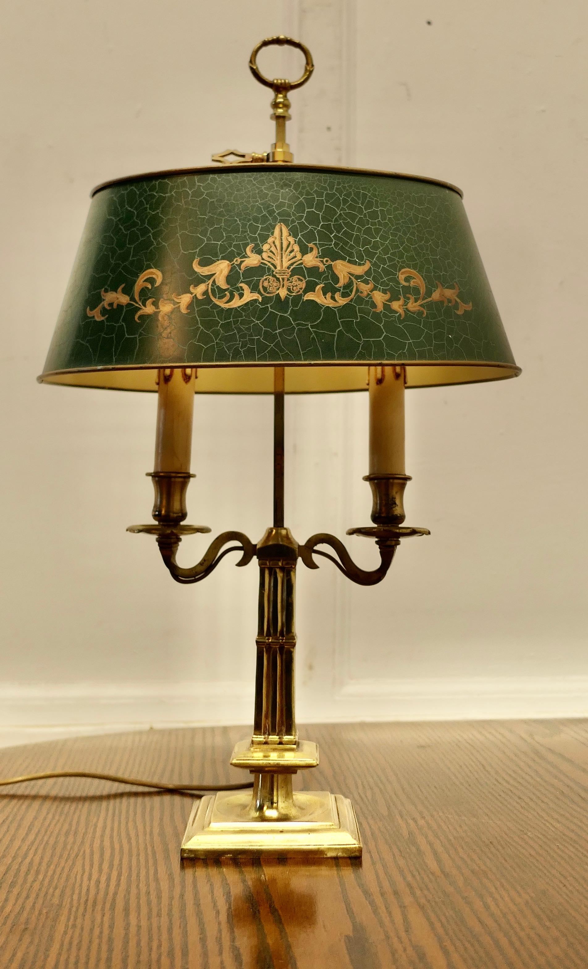 French Green Toleware and Brass Twin Bouillotte Desk Lamp 3