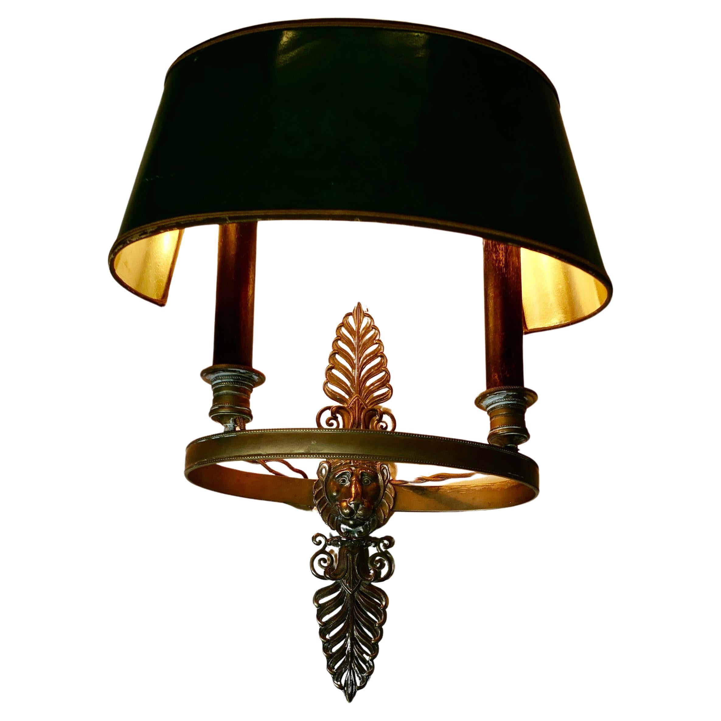 French Green Toleware and Brass Twin Bouillotte Wall Light  A lovely piece For Sale