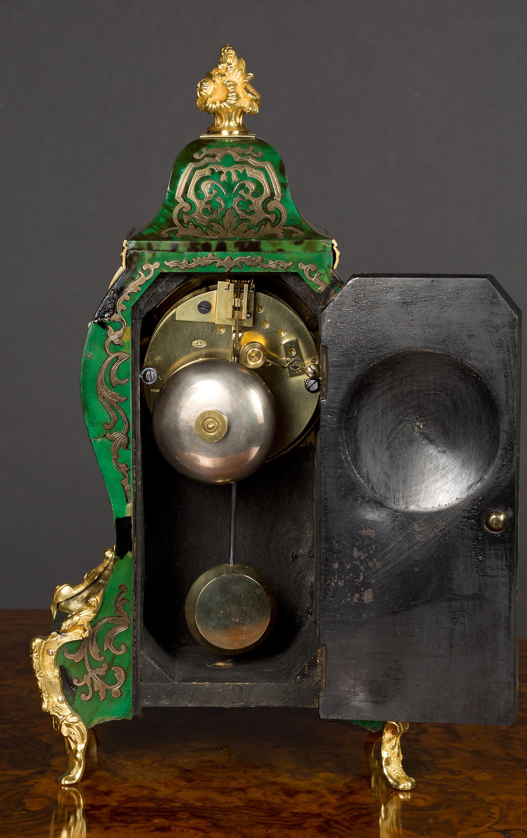 French Green Tortoiseshell Boulle Clock by Jean-Baptiste Delettrez In Good Condition In Norwich, GB